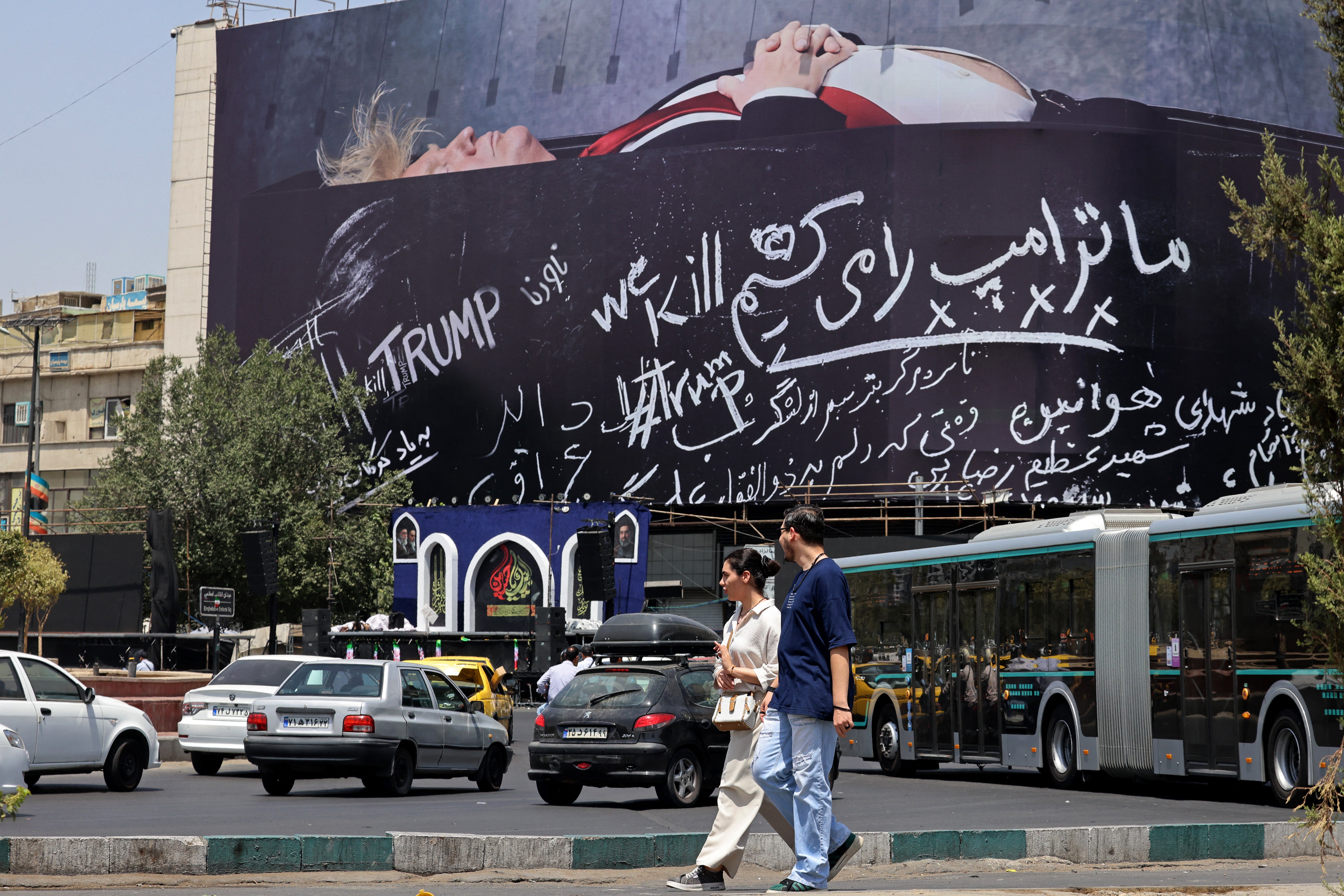 A billboard appearing to show President Trump in a coffin was spotted in central Tehran earlier in July (AFP/Getty)