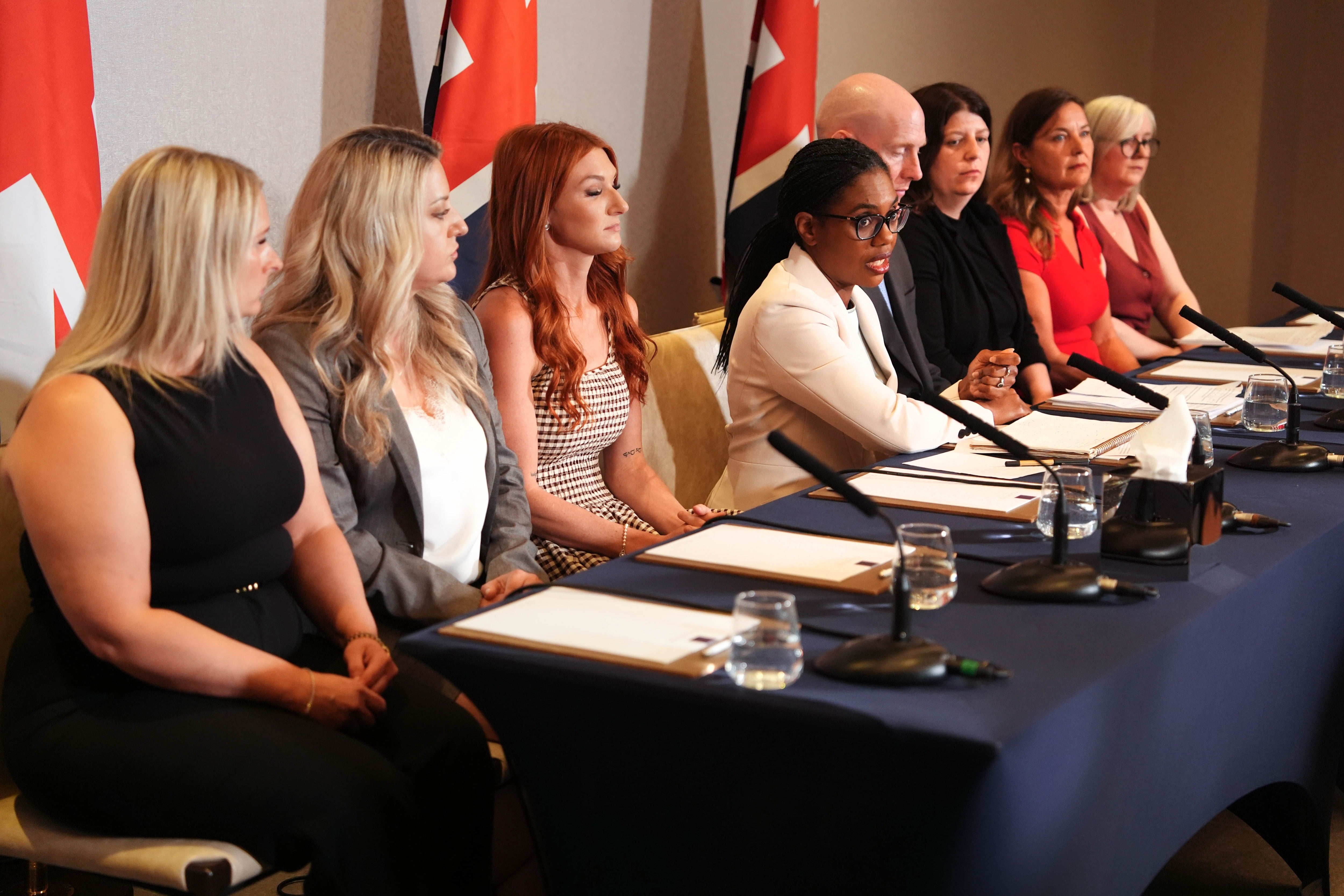 Ms Badenoch held a conference alongside survivors who had been told their abusers could be released early under the scheme (PA Wire)