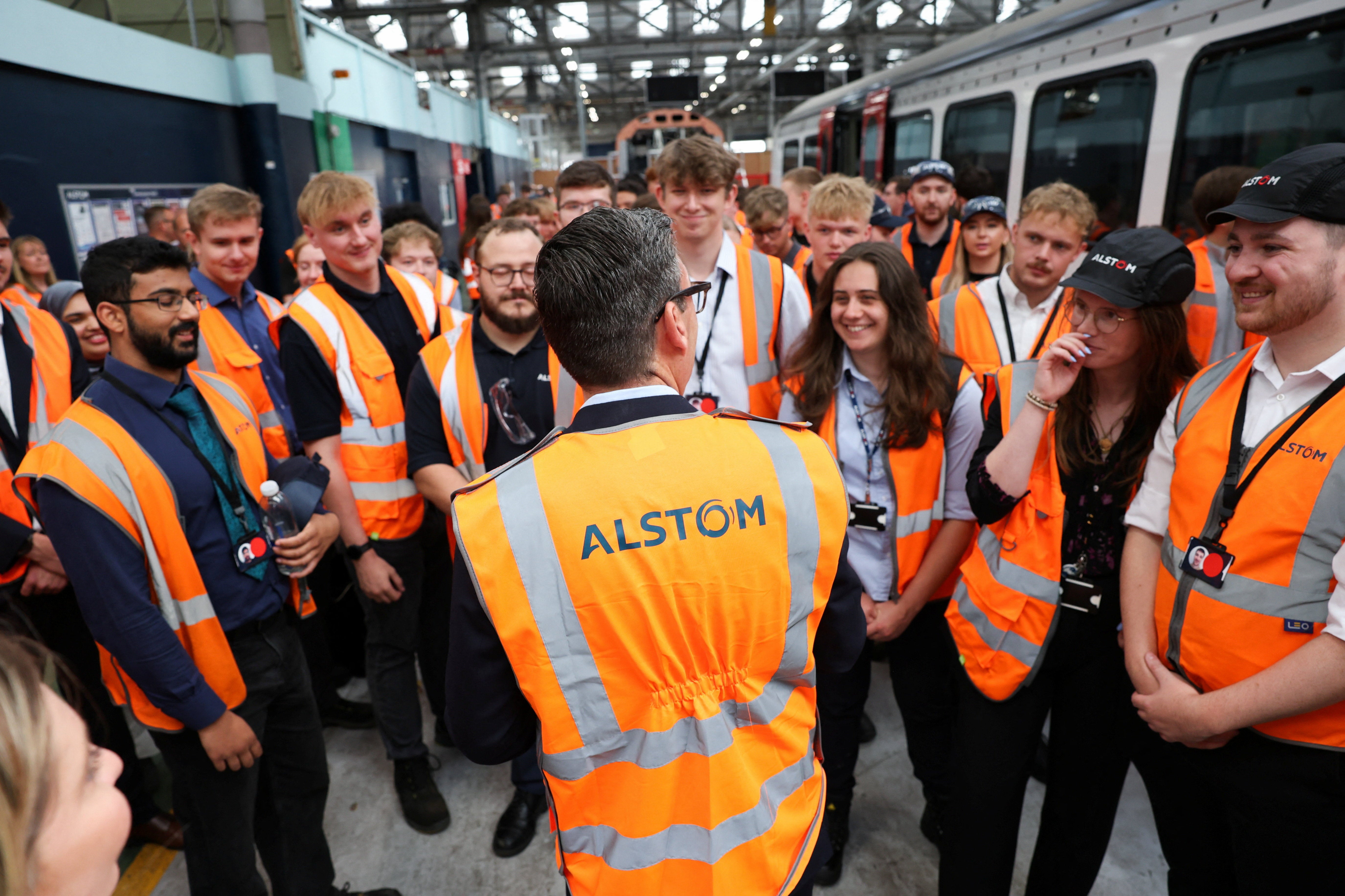 Andy Burnham addresses young workers at Alstom Transport in Derby (Temilade Adelaja/PA) (PA Wire)