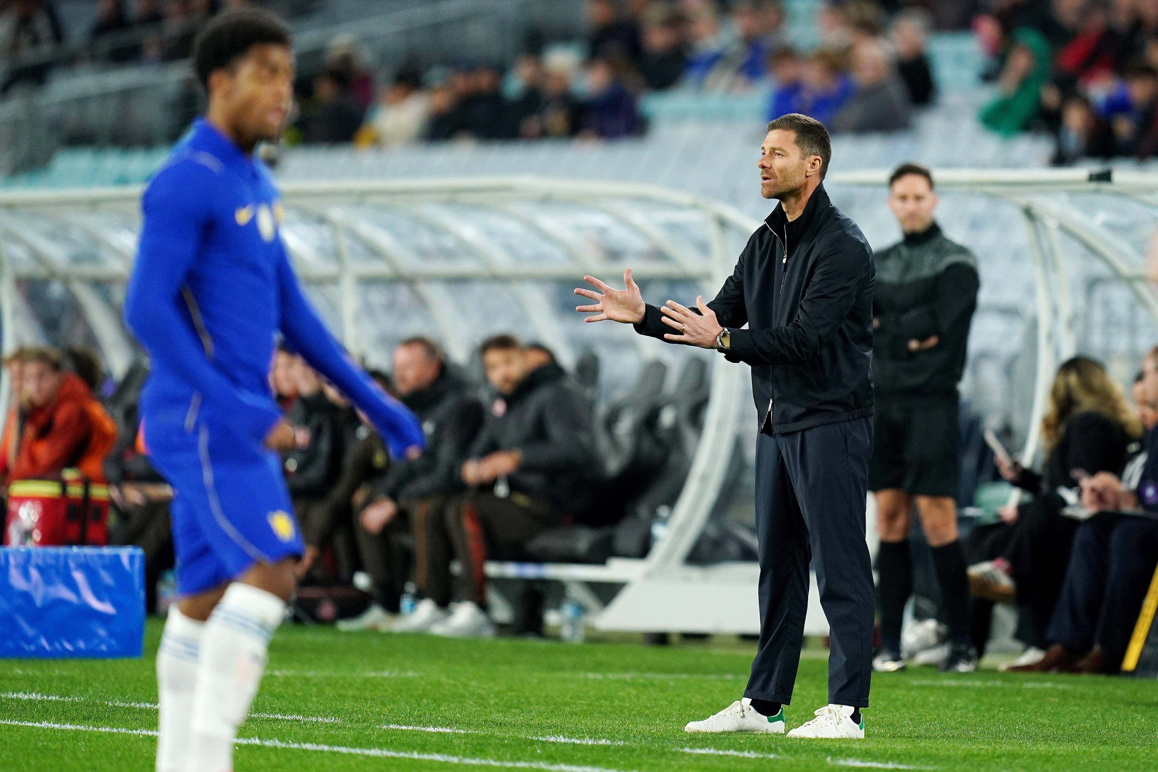Xabi Alonso directs from the touchline against Western Sydney Wanderers