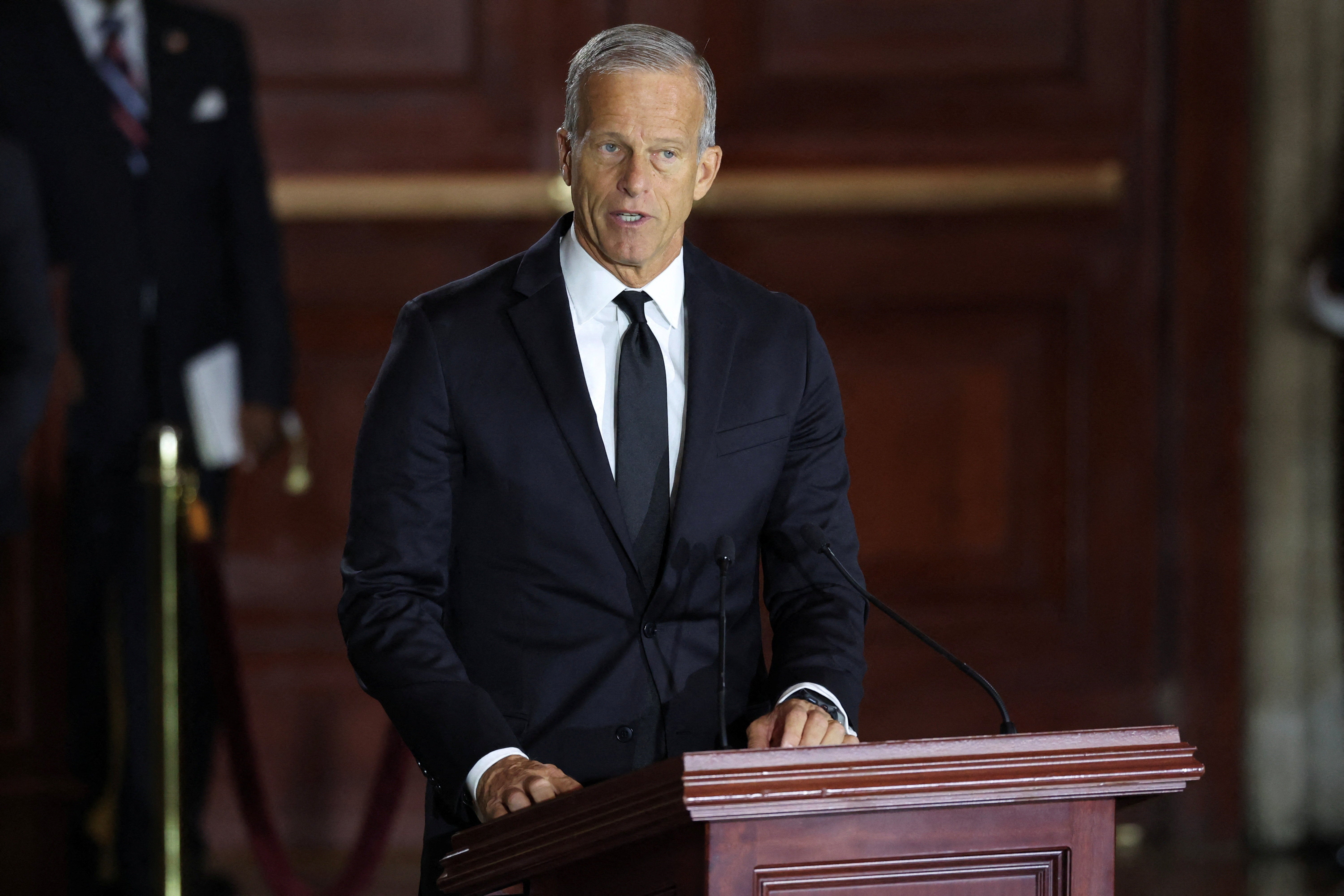 U.S. Sen. Majority Leader John Thune (R-SD) speaks during a memorial tribute for the late U.S. Sen. Lindsey Graham (R-SC) in the Rotunda of the U.S. Capitol (Reuters)