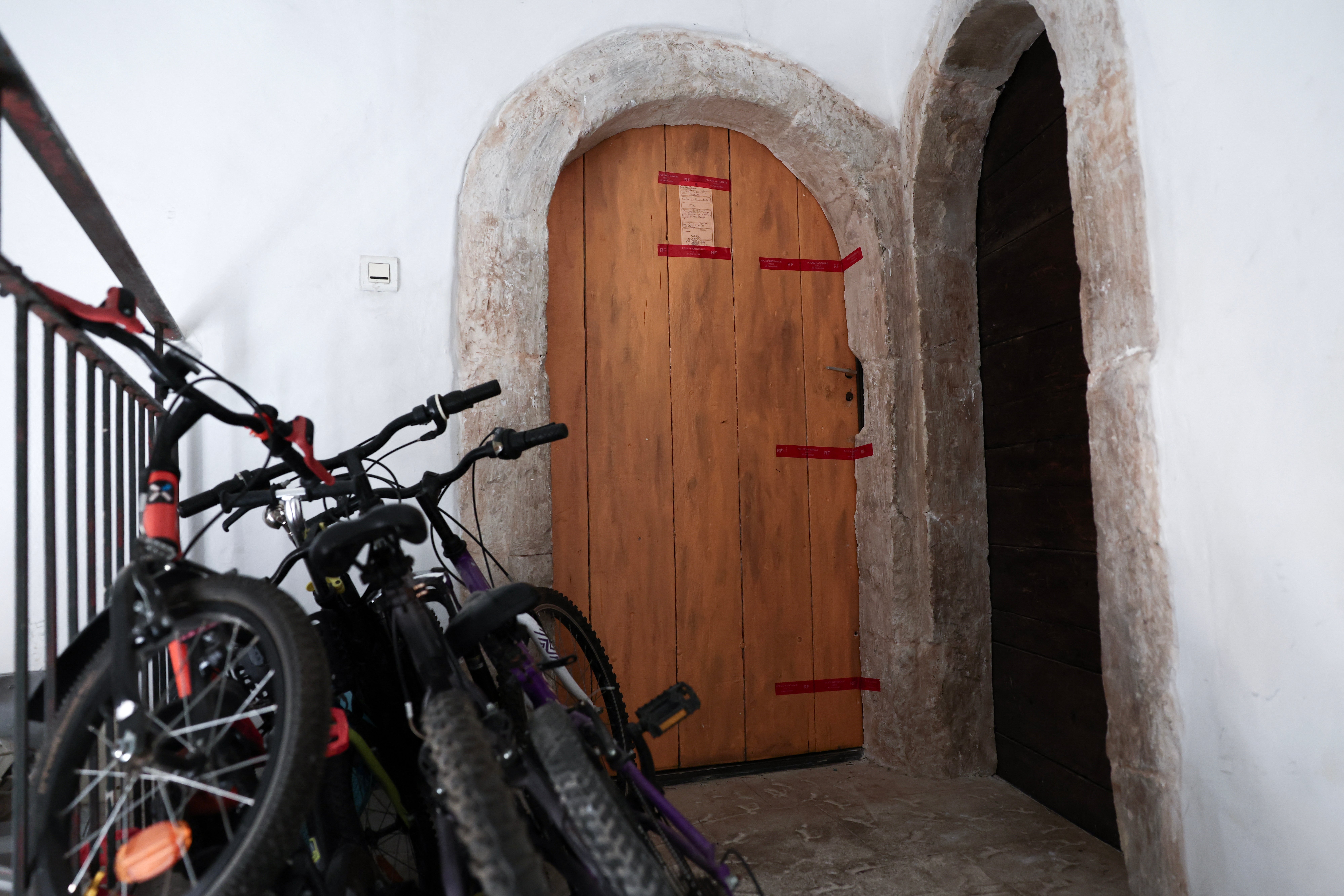 The French police seals affixed to the door of an appartment in Orange, southern France, on July 28, 2026, after the bodies of five deceased infants were discovered