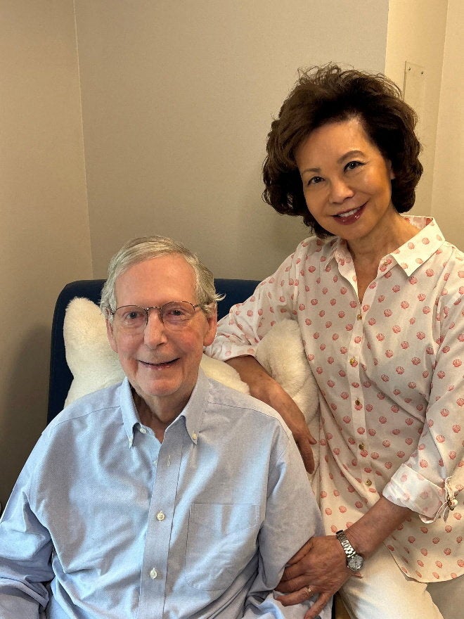 McConnell’s office released a photo Monday showing the 84-year-old senator with his wife Elaine Chao sitting upright and smiling after being hospitalized for six weeks due to a fall