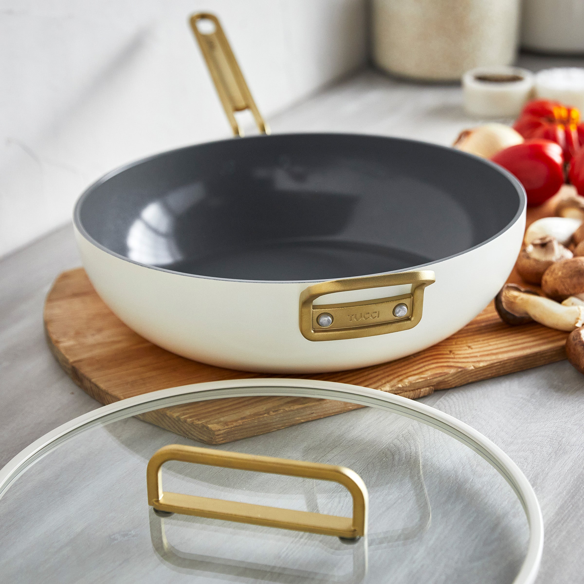 Frying pan from GreenPan x Stanley Tucci Carrara White 11-piece set (Fortnum & Mason/PA)_