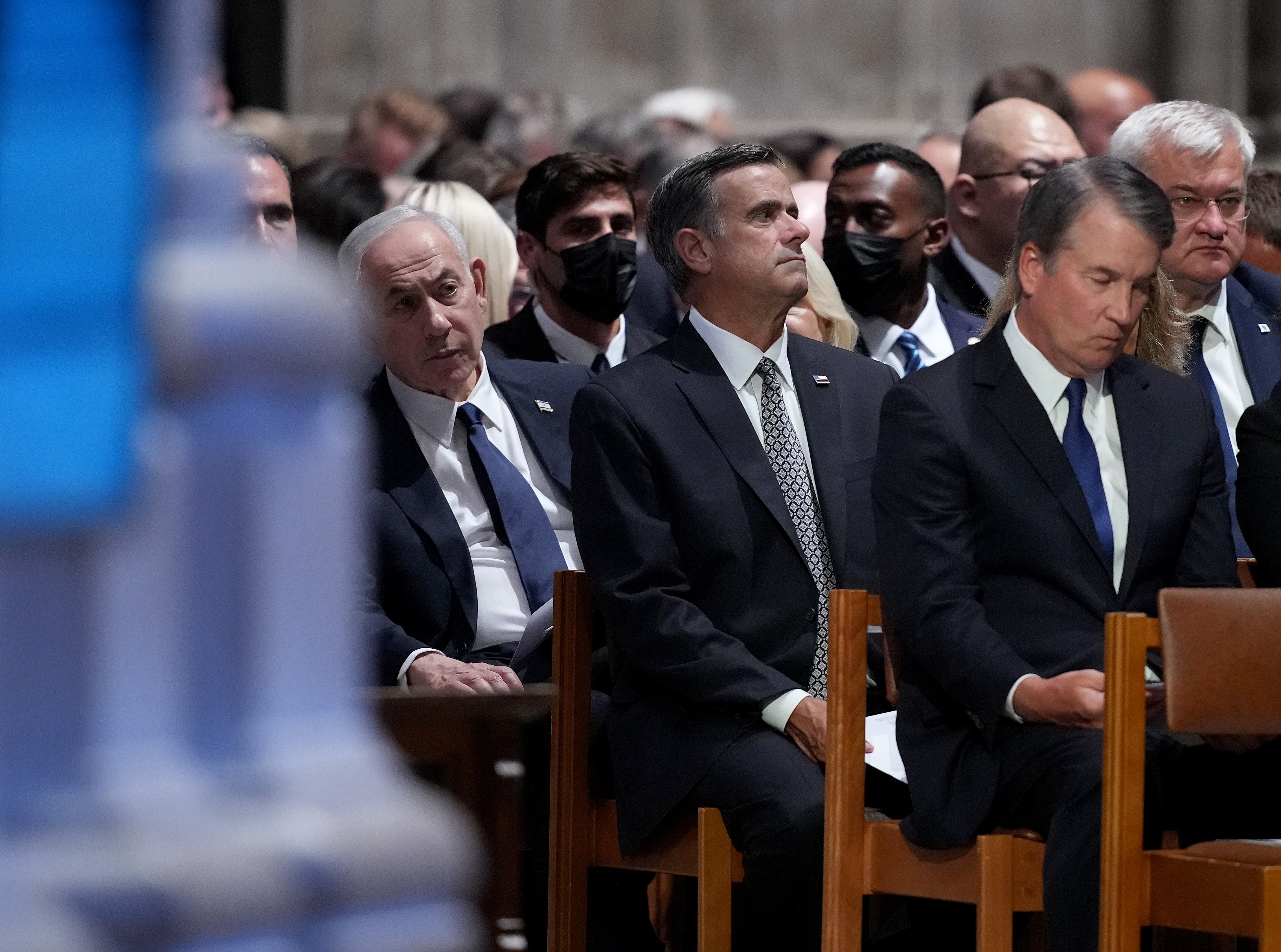 Israeli Prime Minister Benjamin Netanyahu, Central Intelligence Agency Director John Ratcliffe, and Supreme Court Associate Justice Brett Kavanaugh attend the funeral service for the late Sen. Lindsey Graham