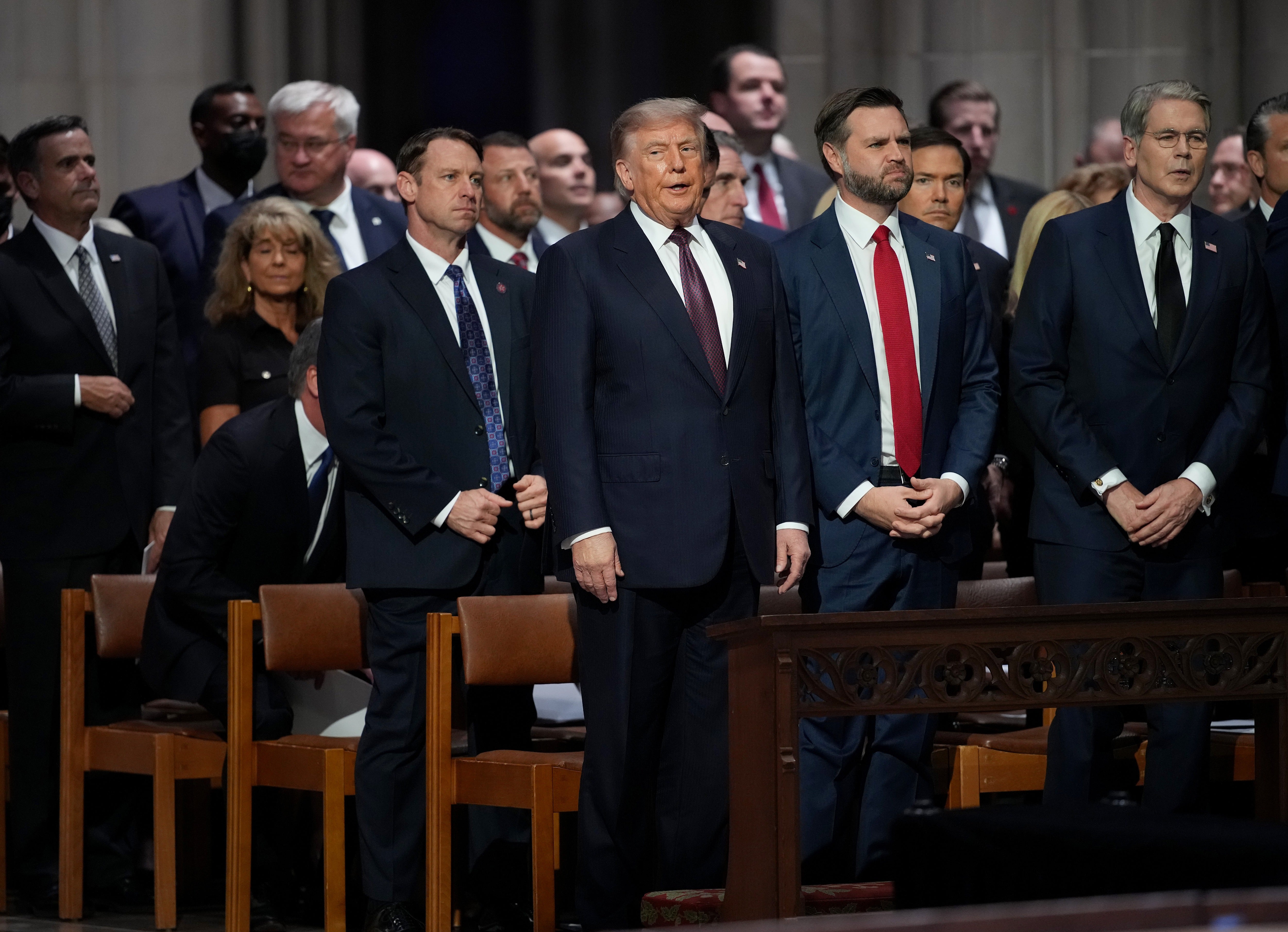 President Donald Trump, Vice President JD Vance, and Treasury Secretary Scott Bessent attend the funeral service for the late Sen. Lindsey Graham