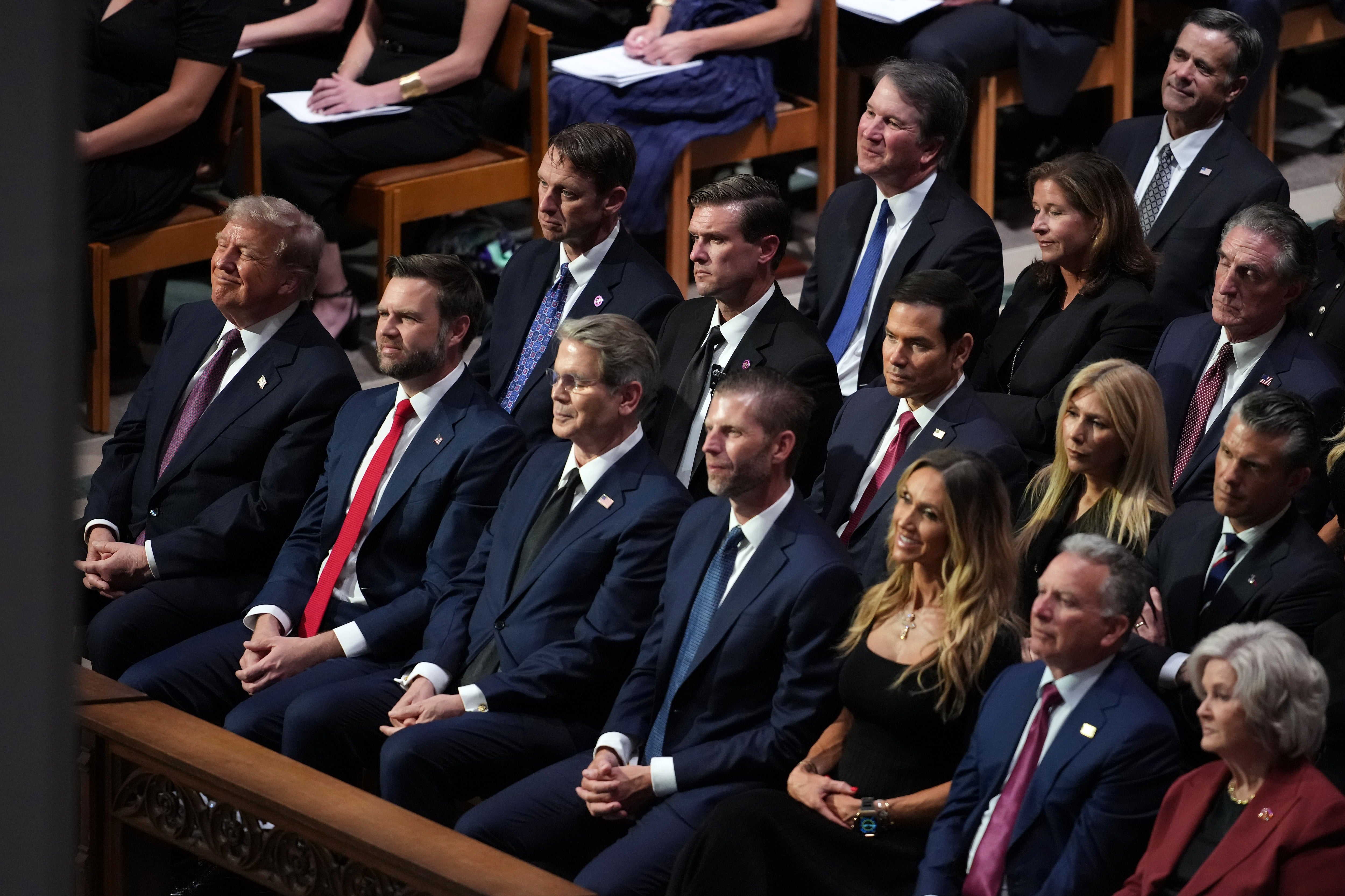 Donald Trump, JD Vance, Scott Bessent, Eric Trump, Lara Trump, Steve Witkoff and Susie Wiles attend the funeral service for the late Sen. Lindsey Graham