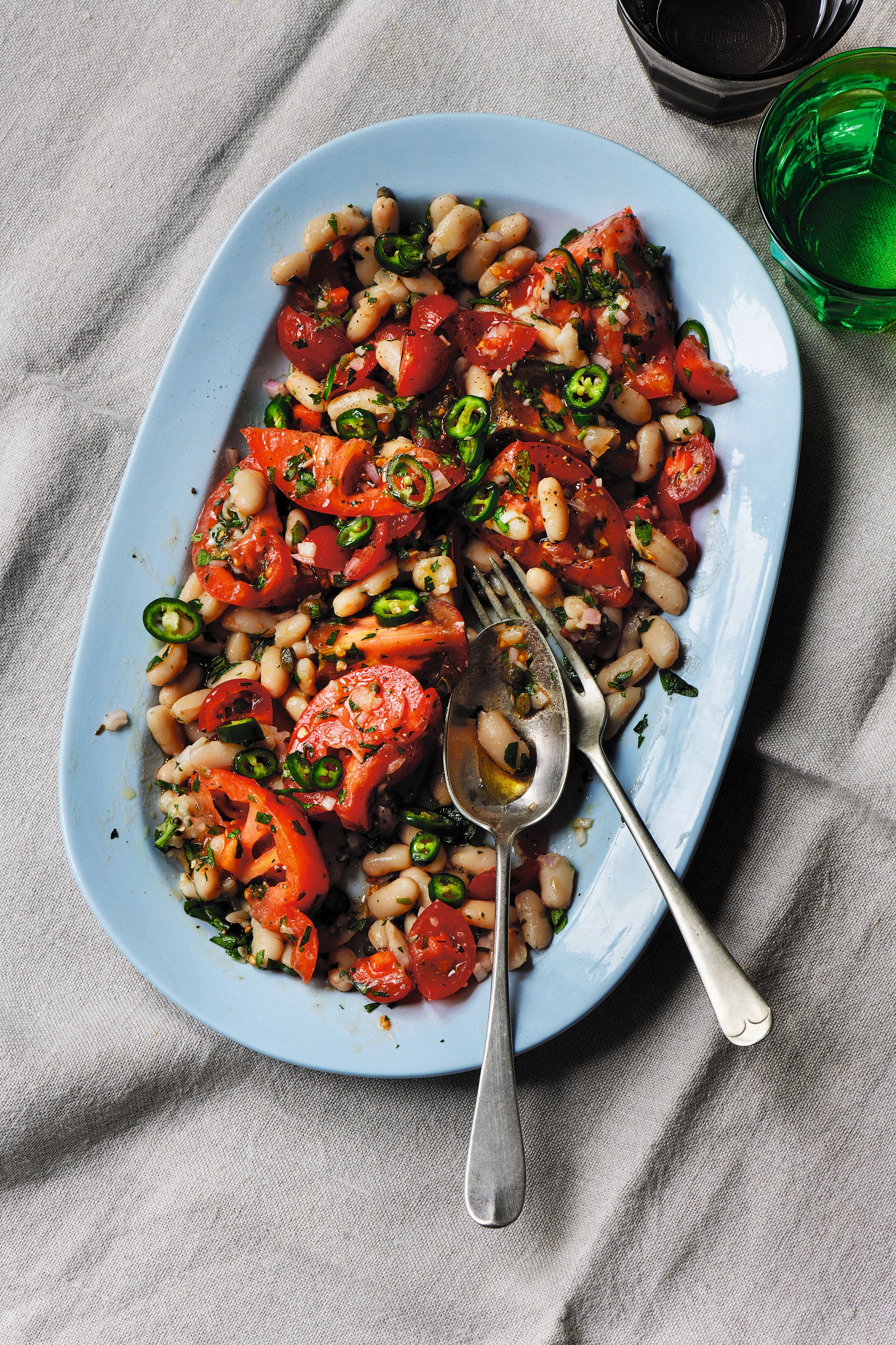 Ripe tomatoes, creamy beans and plenty of herbs make a 10-minute summer lunch