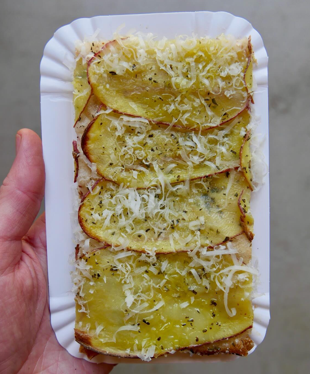 Layer the potatoes right to the edges so the dough stays protected as they shrink
