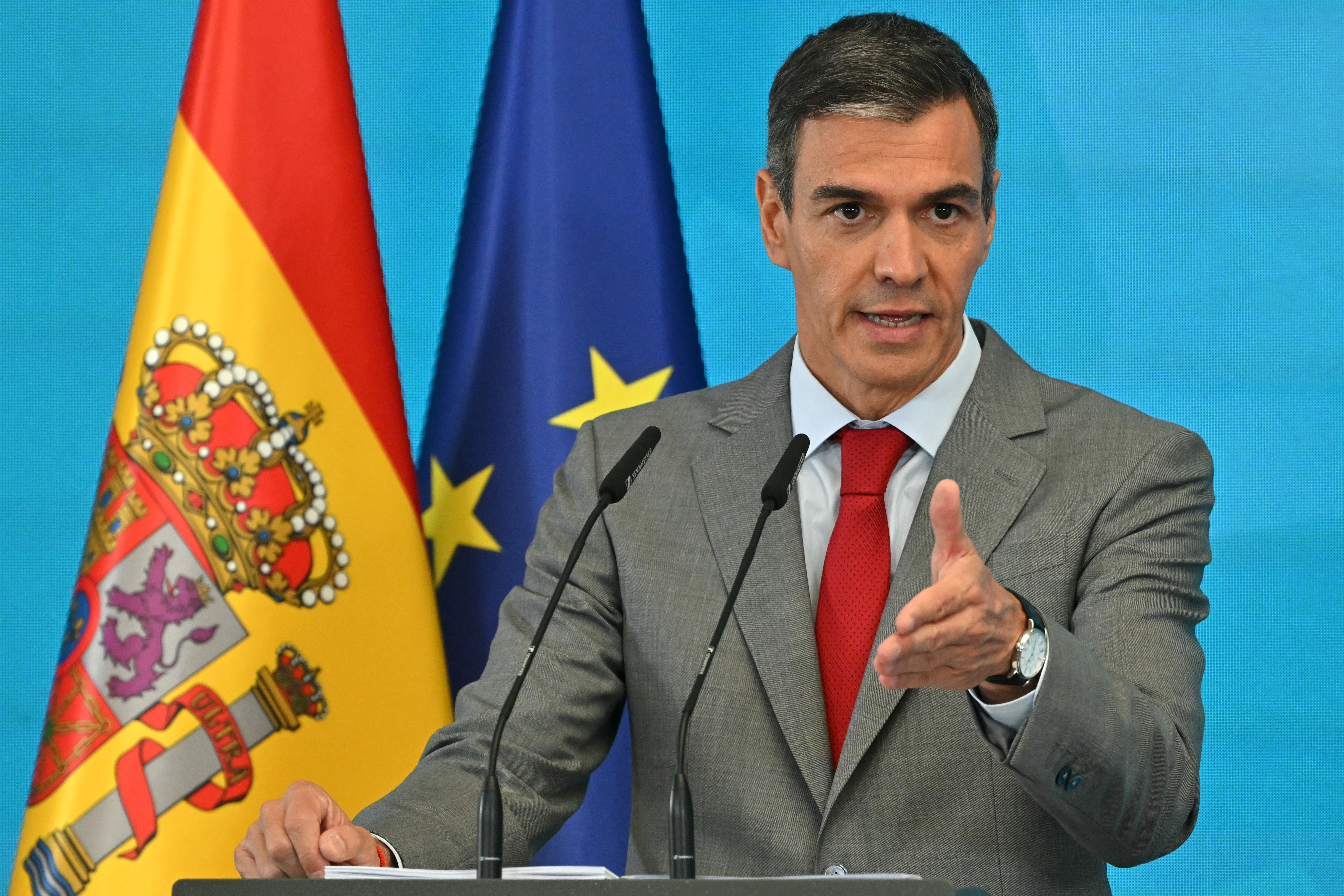 Spanish prime minister Pedro Sanchez gives a press conference following the last cabinet meeting before the summer holidays, at La Moncloa Palace in Madrid (AFP/Getty)