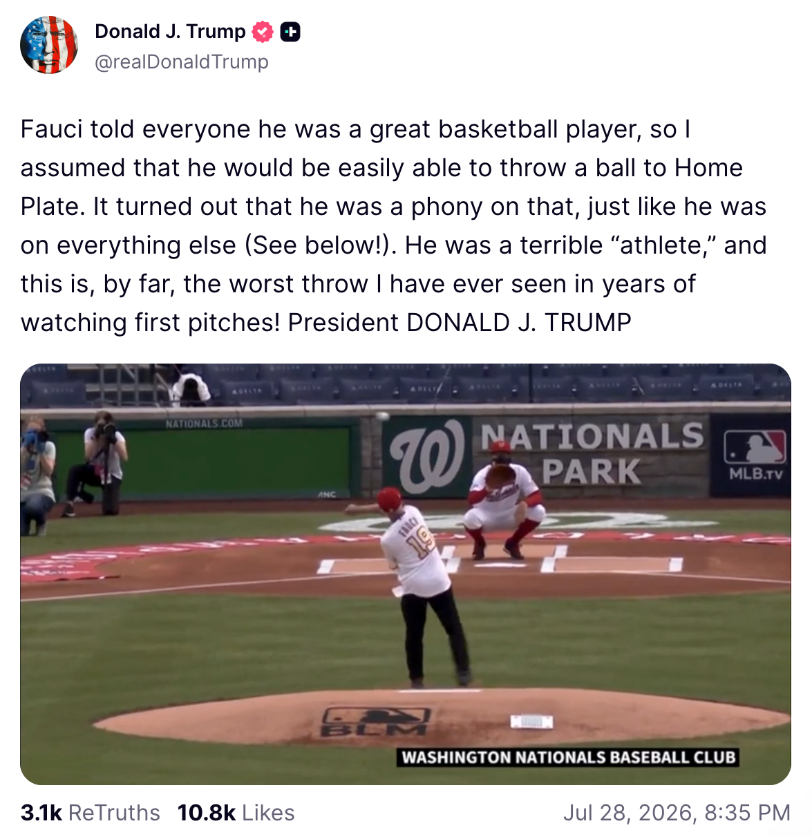 "He was a terrible 'athlete,'" Trump said of Fauci, the former National Institute of Allergy and Infectious Diseases director