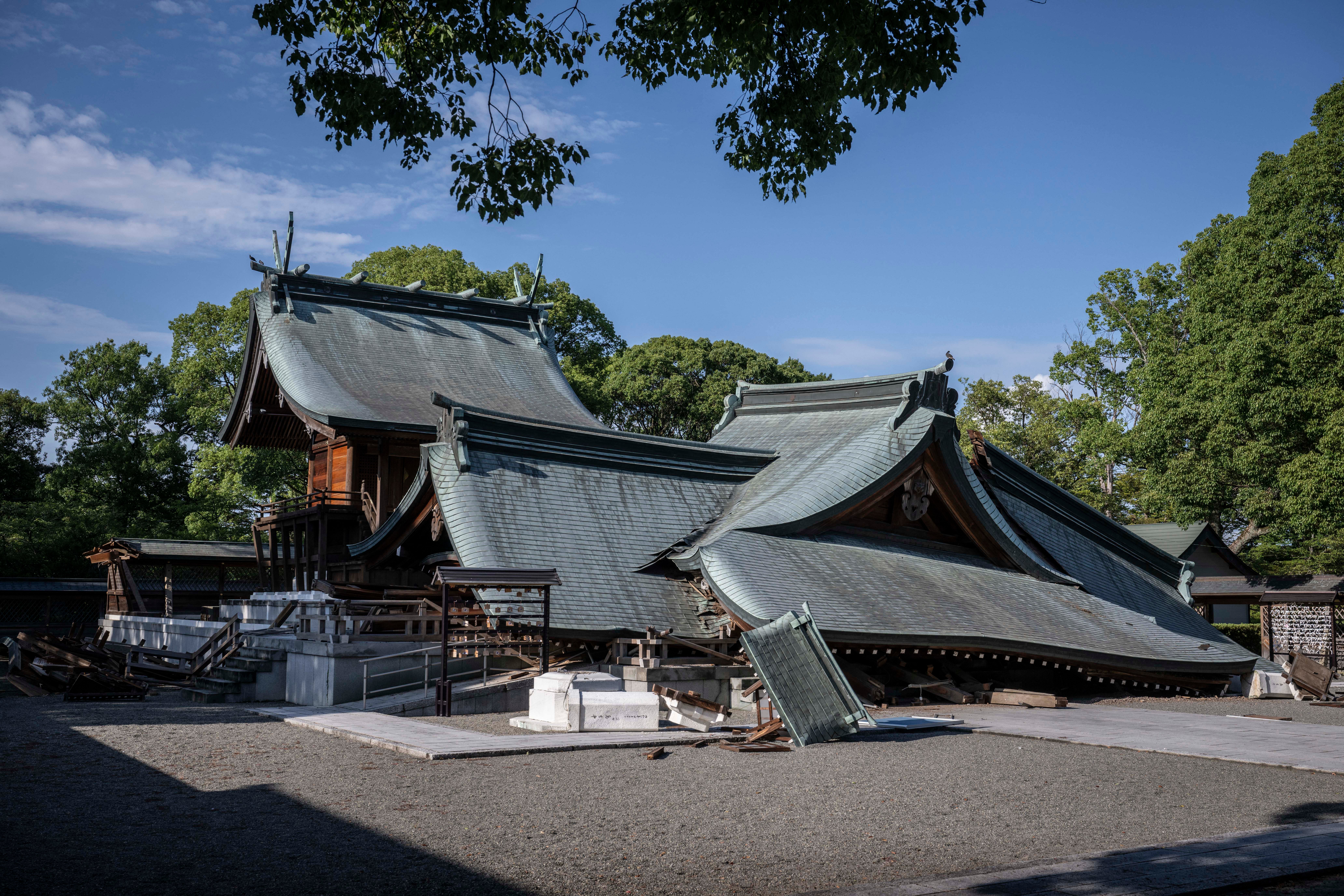 Part of the Yatsushiro Shrine is seen damaged in Yatsushiro, Kumamoto prefecture (AFP/Getty)