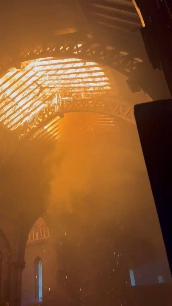 The fire service said the roof of the church had been “severely damaged” while crews from seven fire stations attended to tackle the large blaze overnight. (Leicestershire Fire and Rescue Service)