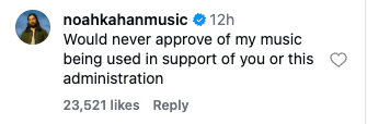 Noah Kahan said he 'would never approve' of the White House using his music (Instagram)