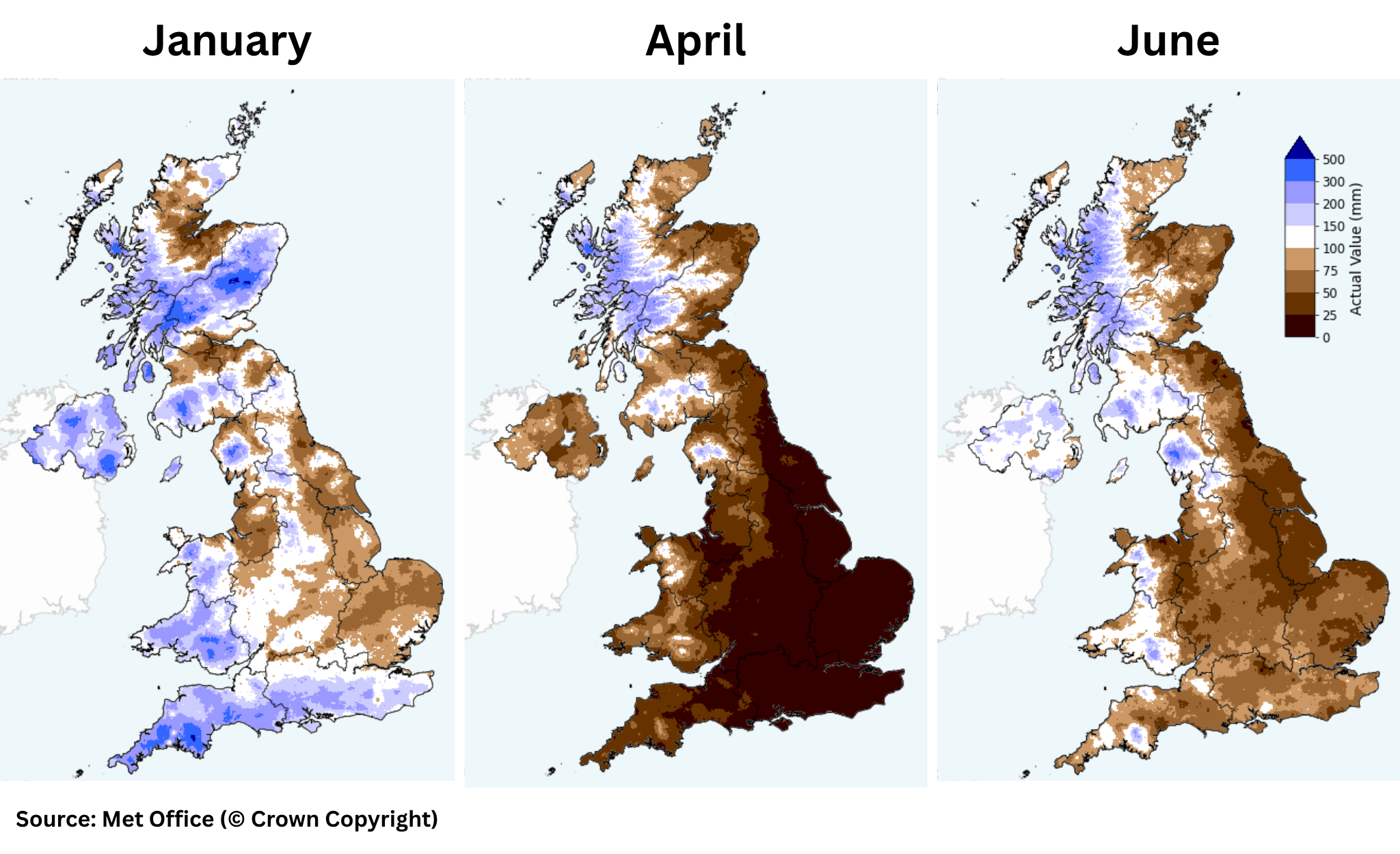 Rainfall maps across January, April and June (Met Office)