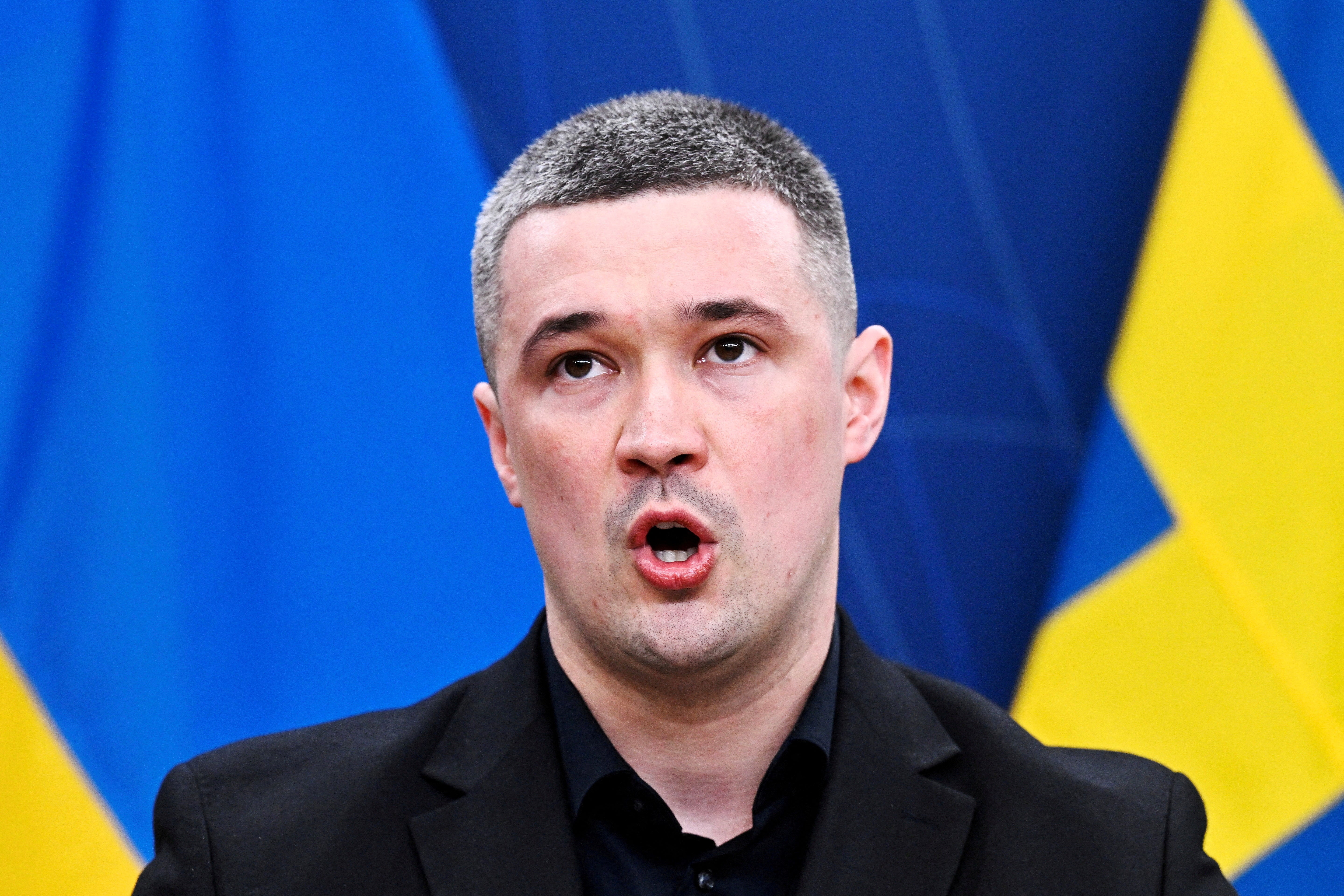 File: Ukraine's former defence minister Mykhailo Fedorov and Sweden's Defence Minister Pal Jonson (not pictured) hold a press conference in Stockholm