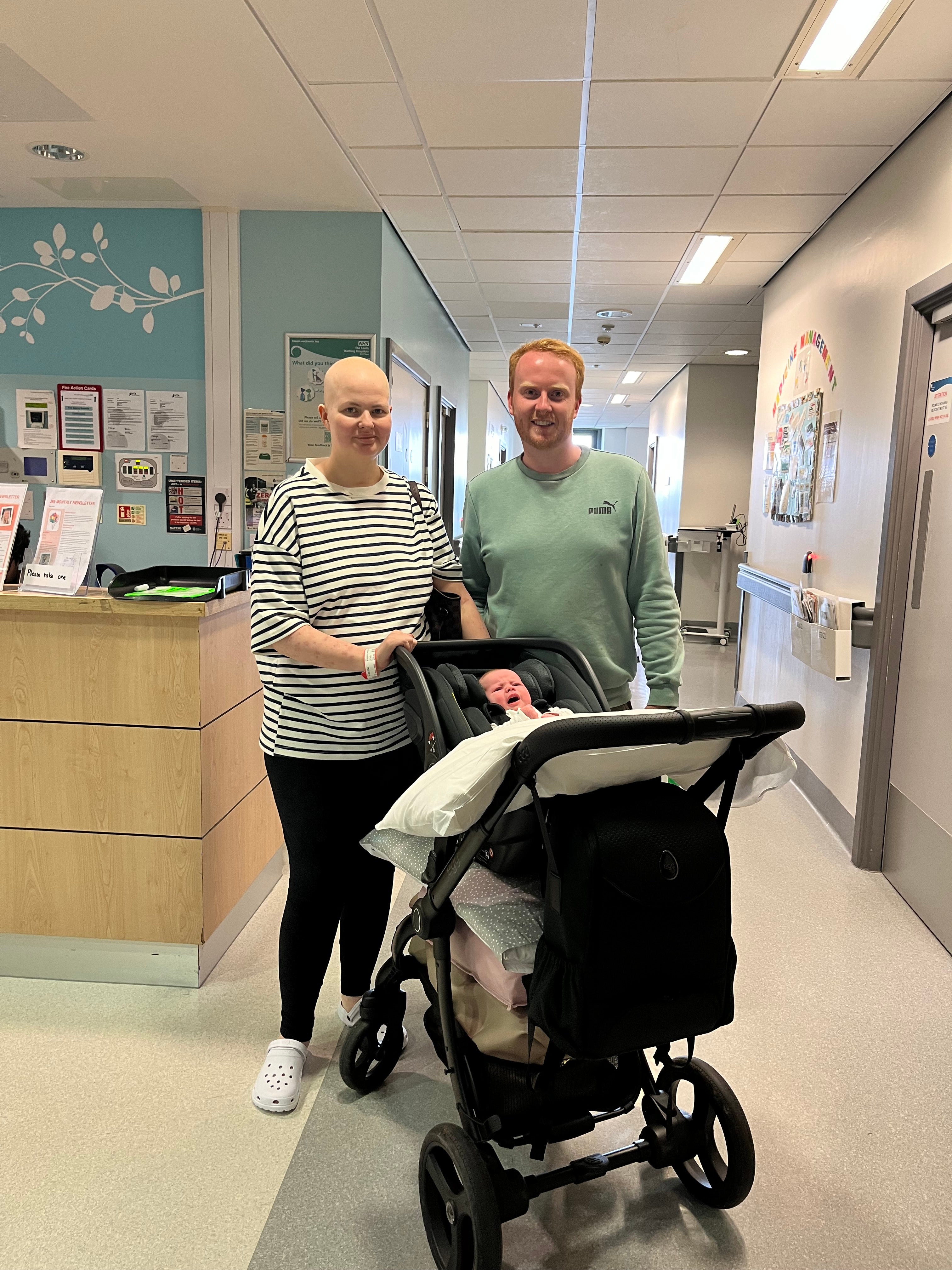 Rebecca with her husband James and daughter Annabel in hospital (Collect/PA Real Life)