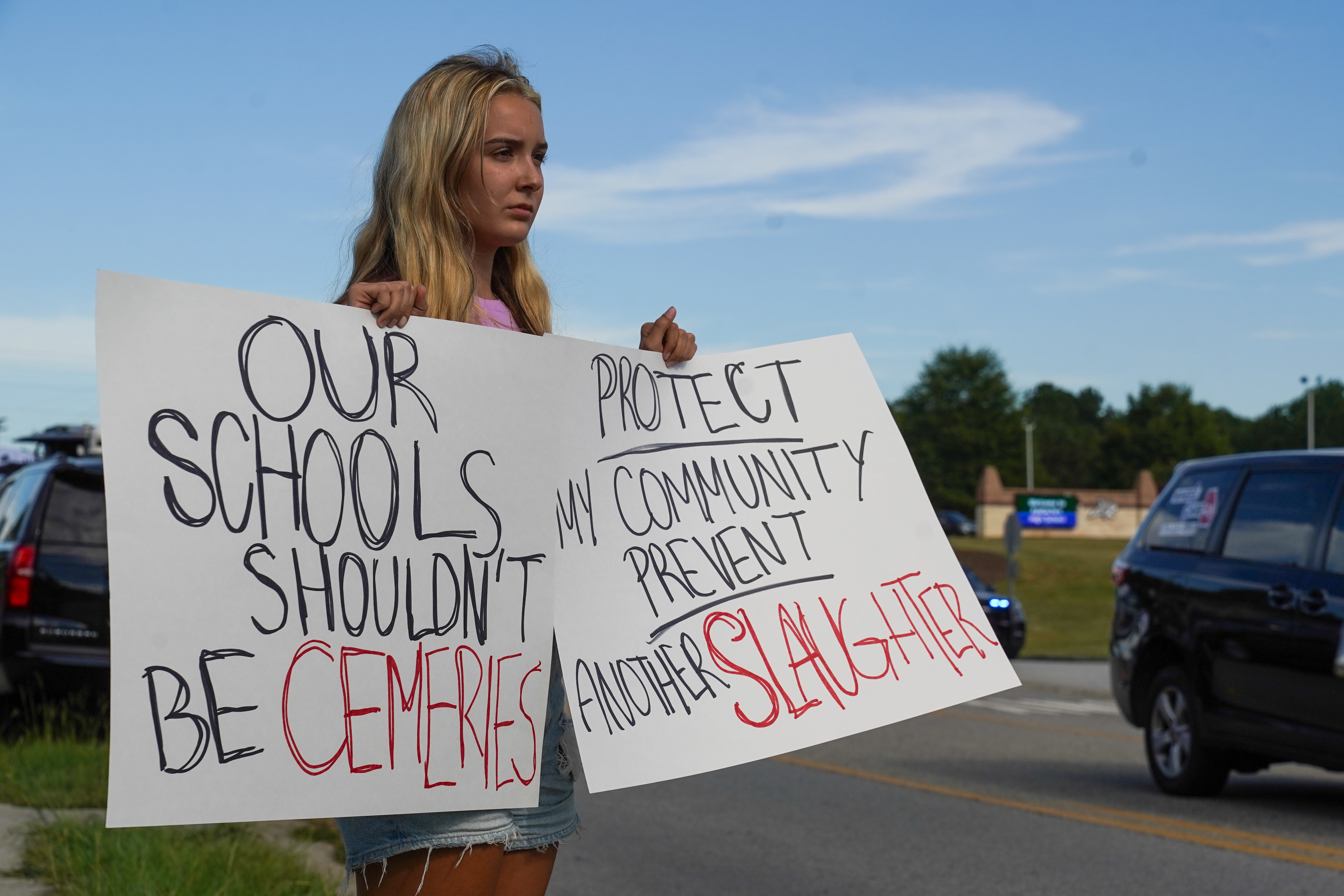 Gretchen Gierlach, a member of the community, came to Apalachee High School to demonstrates after the shooting at Apalachee High School on September 4, 2024 in Winder, Georgia