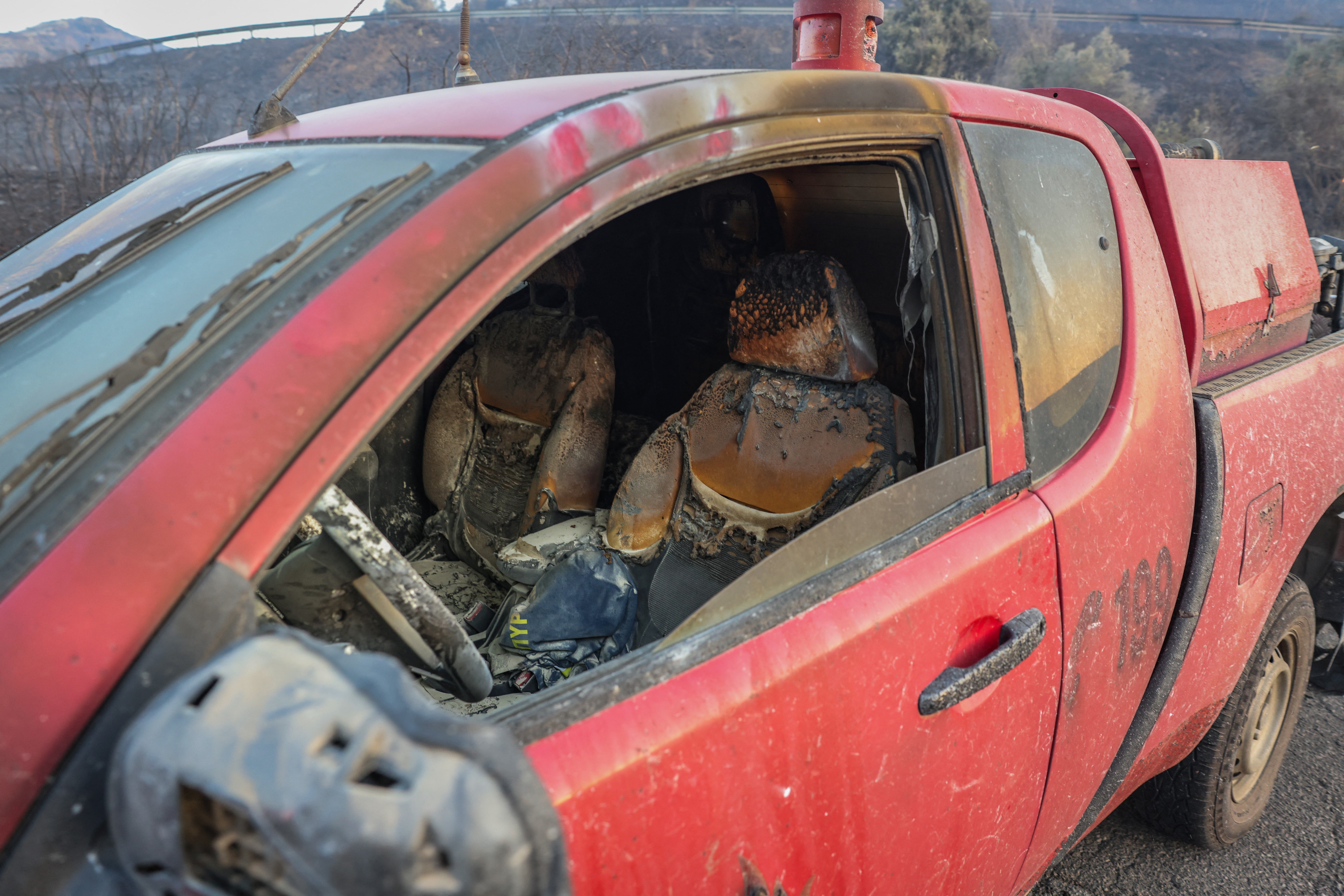 A burnt firefighting vehicle on the Greek island of Crete