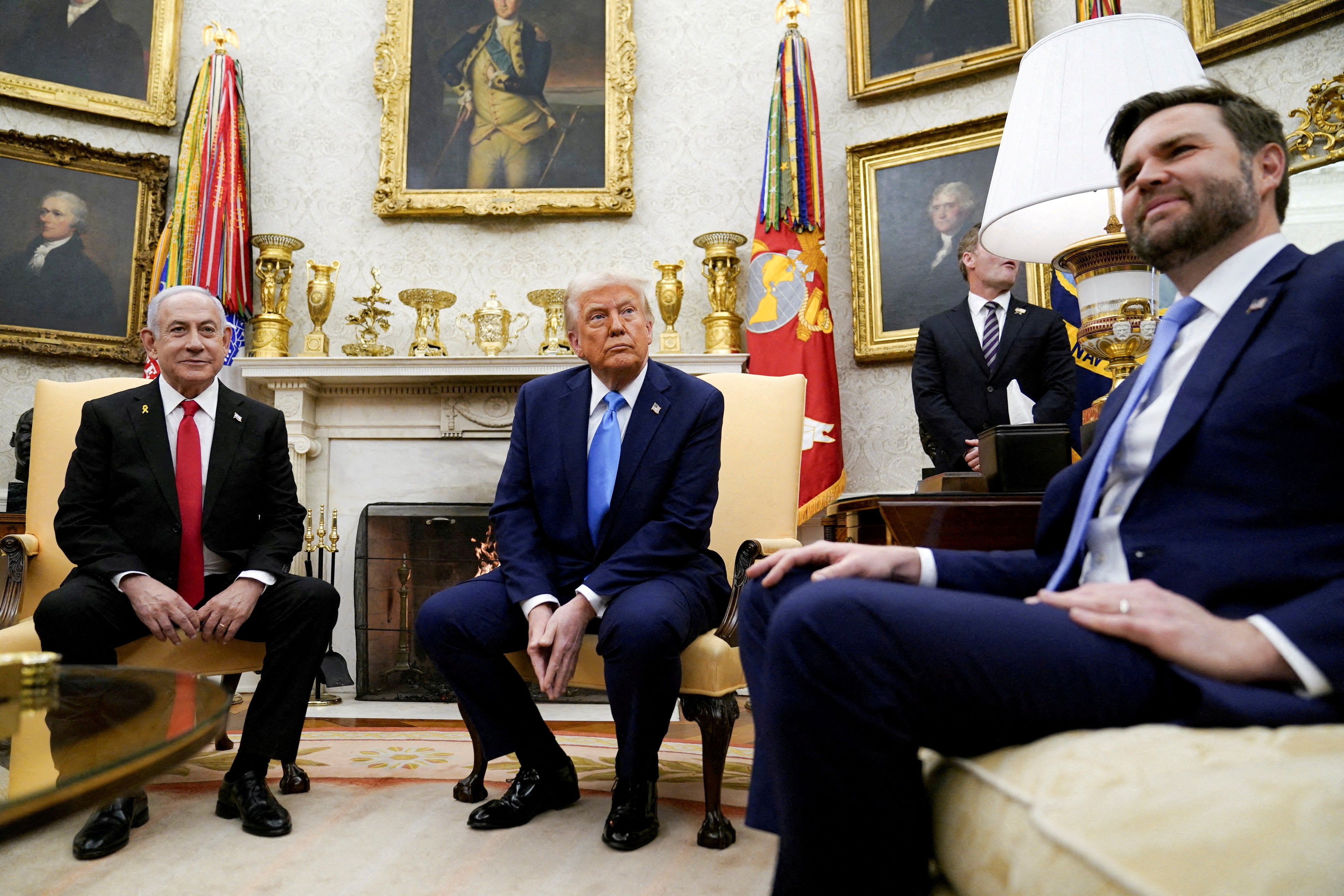 US President Donald Trump and U.S. Vice President JD Vance meet Israeli Prime Minister Benjamin Netanyahu at the White House in Washington, US, February 4, 2025.