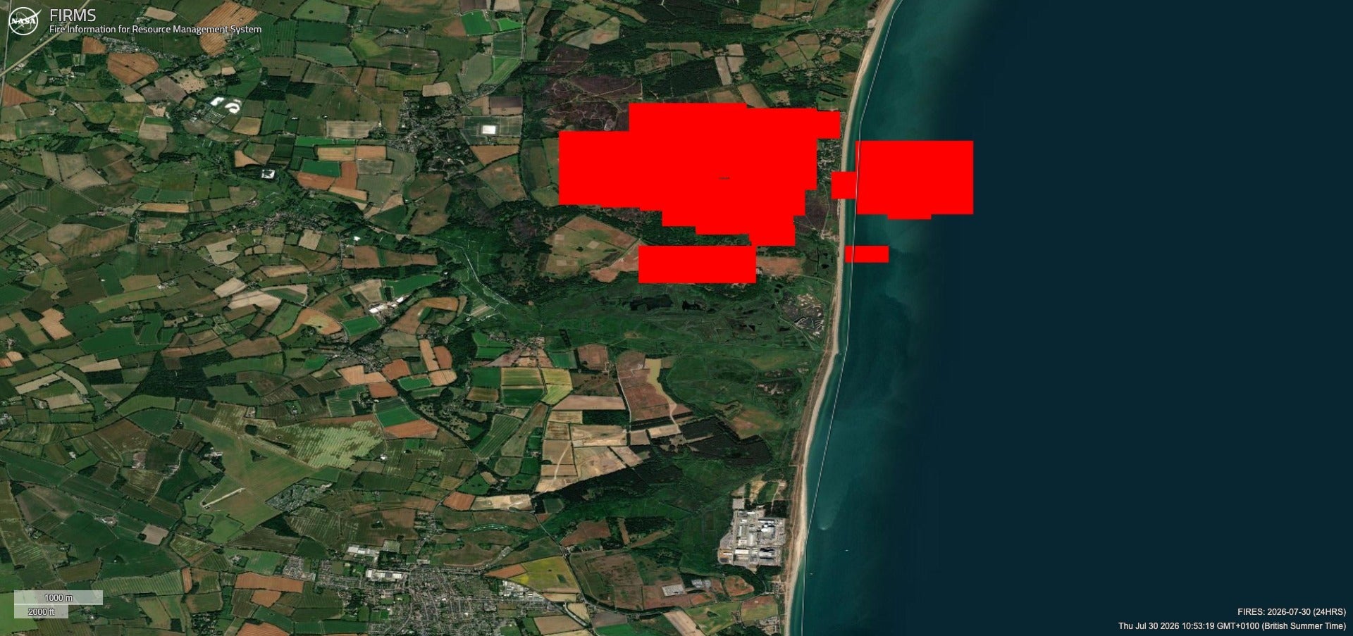 Satellite images show the extent of the fire on Dunwich Heath on Thursday