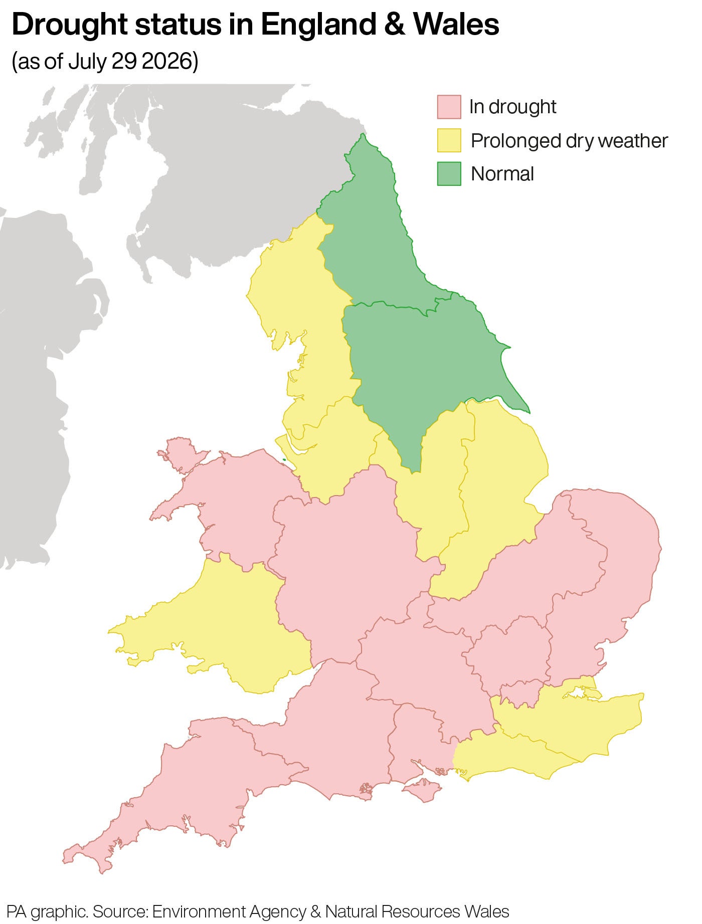 Much of England and Wales are now officially in drought (PA Graphics) (PA Graphics)