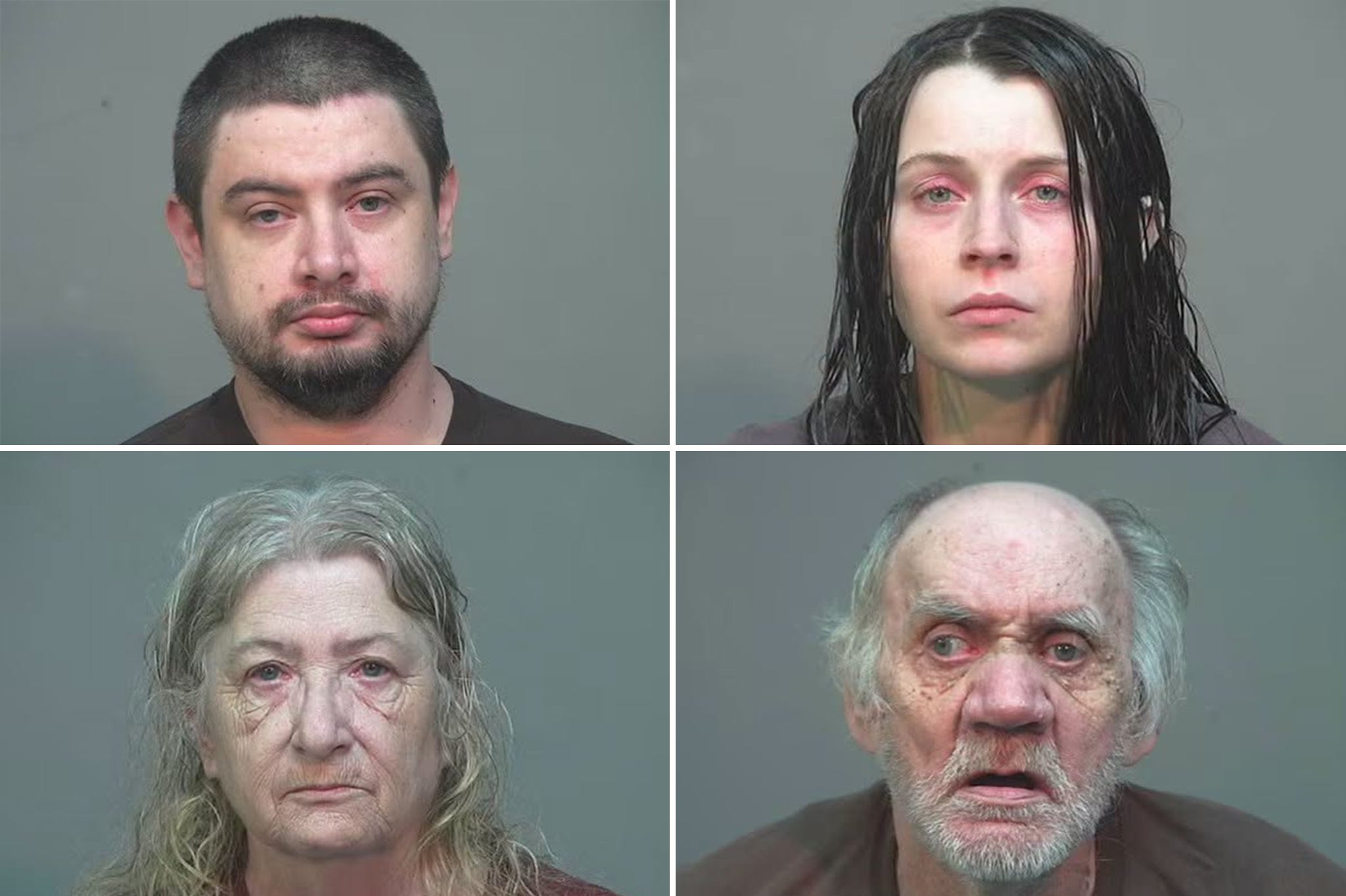 From top left: Gary Siders II, Elizabeth Siders, Christina Siders, and Gary Siders. The four family members have been charged with numerous counts of child endangerment after 16 children were found living in deplorable conditions with them in a house in Vinton County, Ohio, in late June