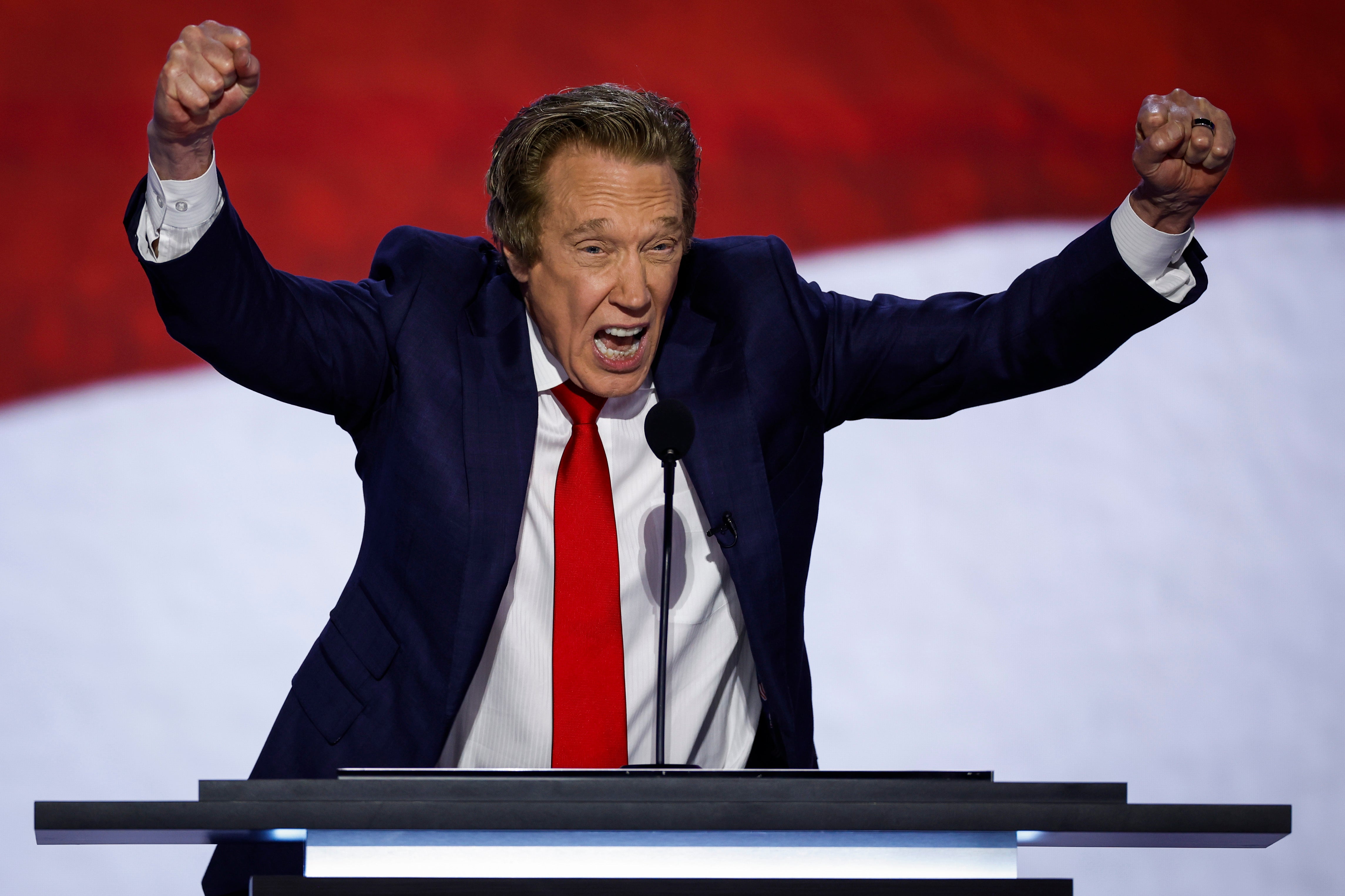 The July 27 'Trump Tailgate' event was hosted by Perry Johnson, a GOP candidate for governor. Pictured: Johnson speaks on stage at the Republican National Convention on July 16, 2024 in Milwaukee, Wisconsin (Getty Images)