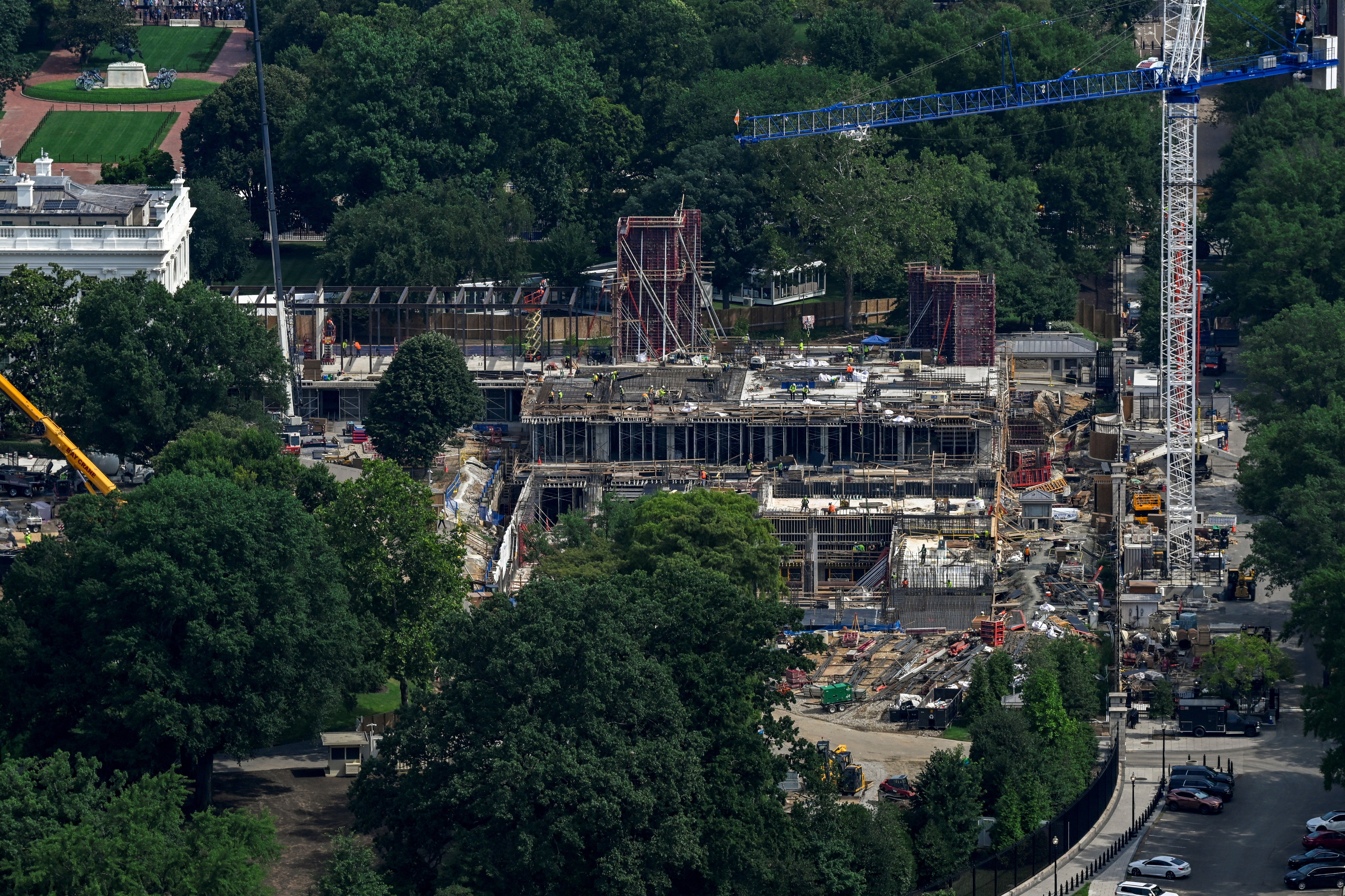 A July 2026 photo shows part of President Donald Trump’s ballroom addition for the White House starting to rise from the ground. The construction is ongoing despite a lawsuit that wants to stop the project