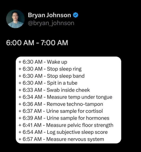 The schedule from 6 a.m. to 7 a.m. includes spitting in a tube (@bryan_johnson/Instagram)