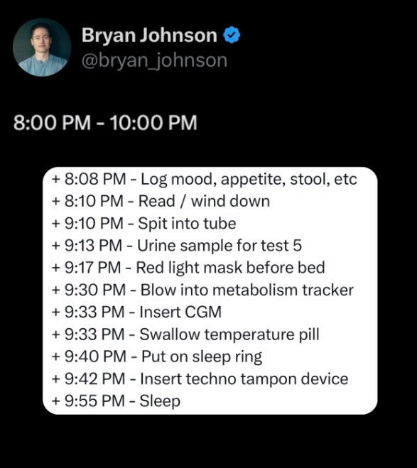 Lastly, from 8 p.m. to 10 p.m. it's time to get ready for bed (@bryan_johnson/Instagram)