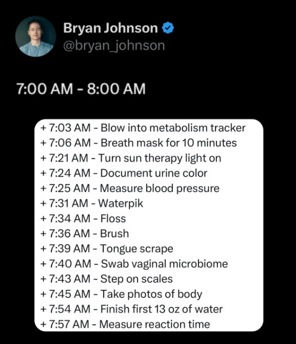 From 7 a.m. to 8 a.m. measurements are taken - but it's also time to floss (@bryan_johnson/Instagram)