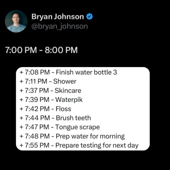 Between 7 p.m. and 8 p.m. it's time to floss again (@bryan_johnson/Instagram)