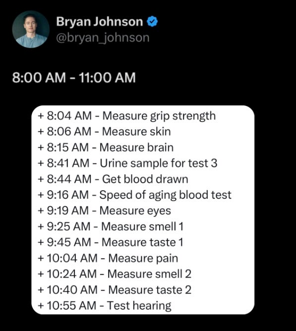 From 8 a.m. to 11 a.m. there are more measurements, including brain, pain and grip strength