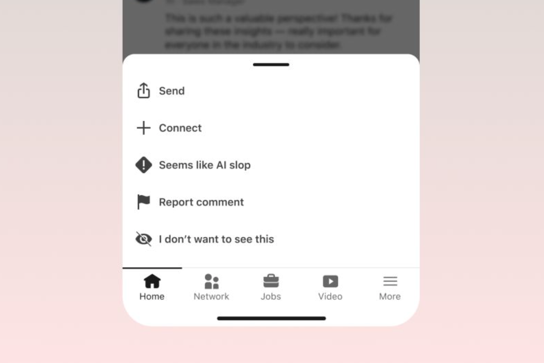 A photo of a test feature on LinkedIn posts that will allow users to flag content that 'seems like AI slop.' The feature is meant to help the site crack down on AI-generated posts (Hari Srinivasan/LinkedIn)