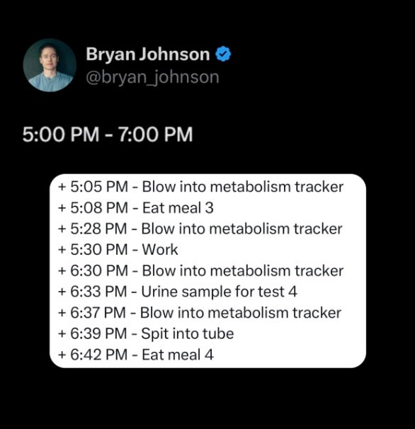 Between 5 p.m. and 7 p.m. there are third and fourth meals (@bryan_johnson/Instagram)