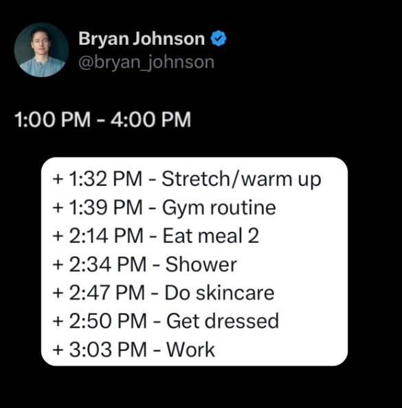 It's time for fitness and work between 1 p.m. and 4 p.m. (@bryan_johnson/Instagram)