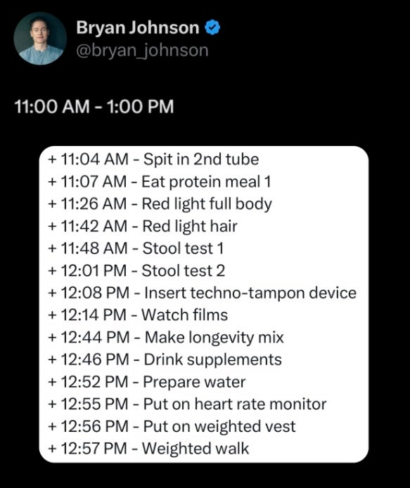 The schedule from 11 a.m. to 1 p.m. finally includes eating (@bryan_johnson/Instagram)