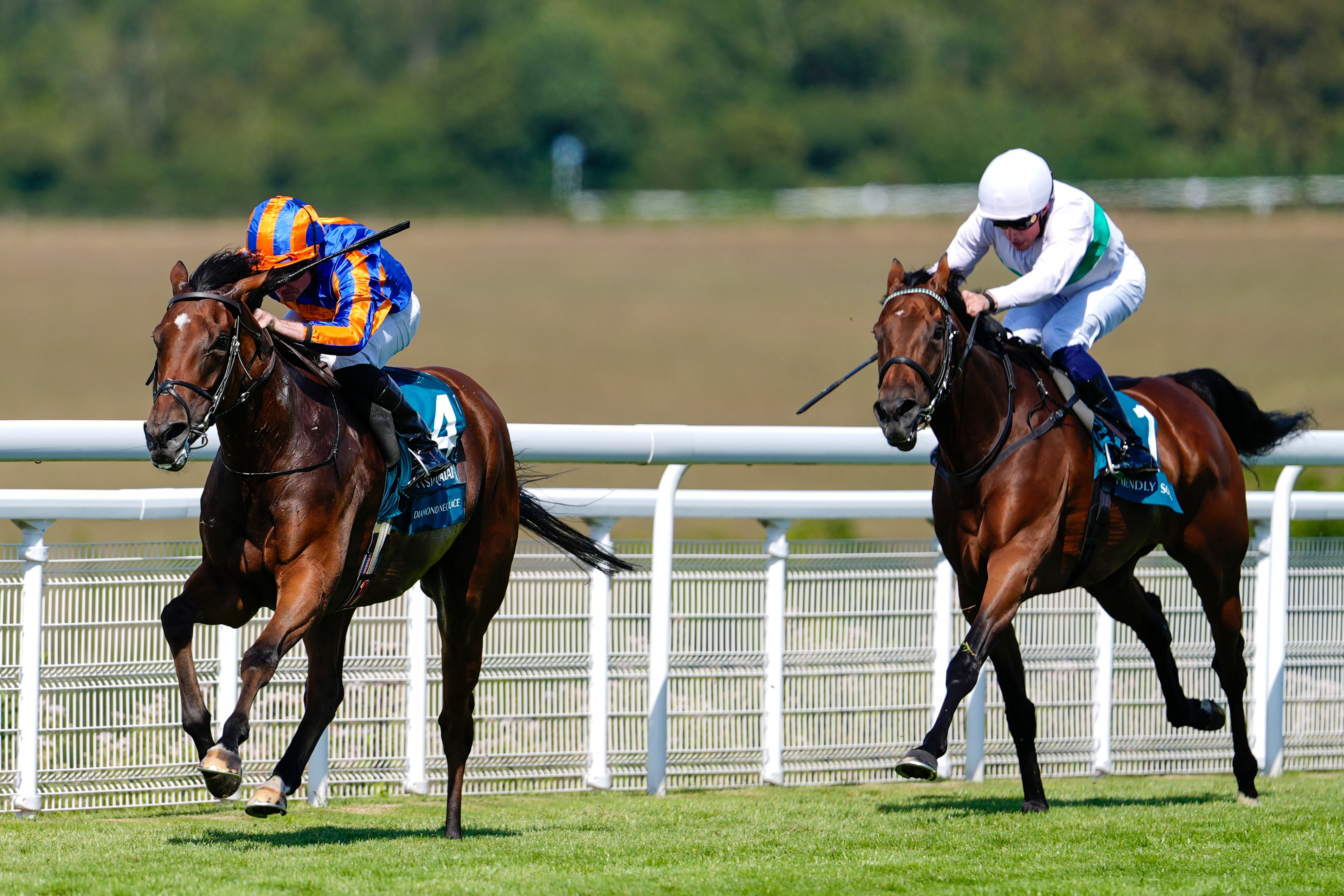 Diamond Necklace (left) wins the Qatar Nassau Stakes at Goodwood