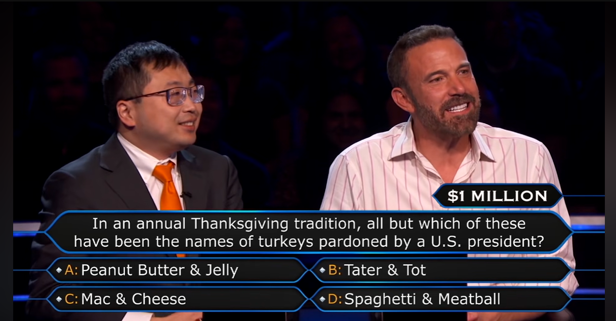 The final question asked which of four names – Peanut Butter & Jelly, Tater & Tot, Mac & Cheese, and Spaghetti & Meatball – had not been used for a turkey pardoned by a US president during the White House’s annual Thanksgiving tradition (YouTube/ABC)