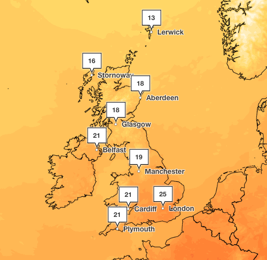 Highs of 25C are expected on Saturday while Scotland can expect a chillier start