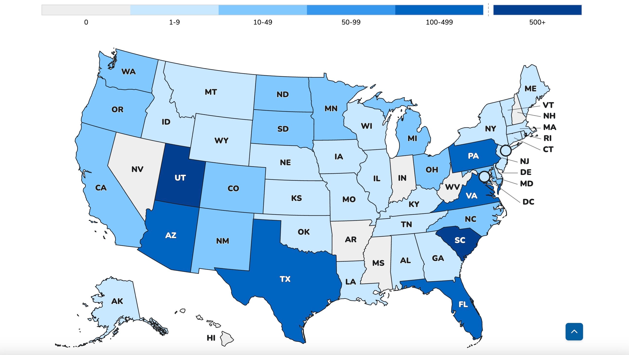 This map from the CDC shows measles cases across the U.S. so far this year. The states with the highest case levels are shown in darker blues and those with the lowest levels are shown in lighter blues (CDC)
