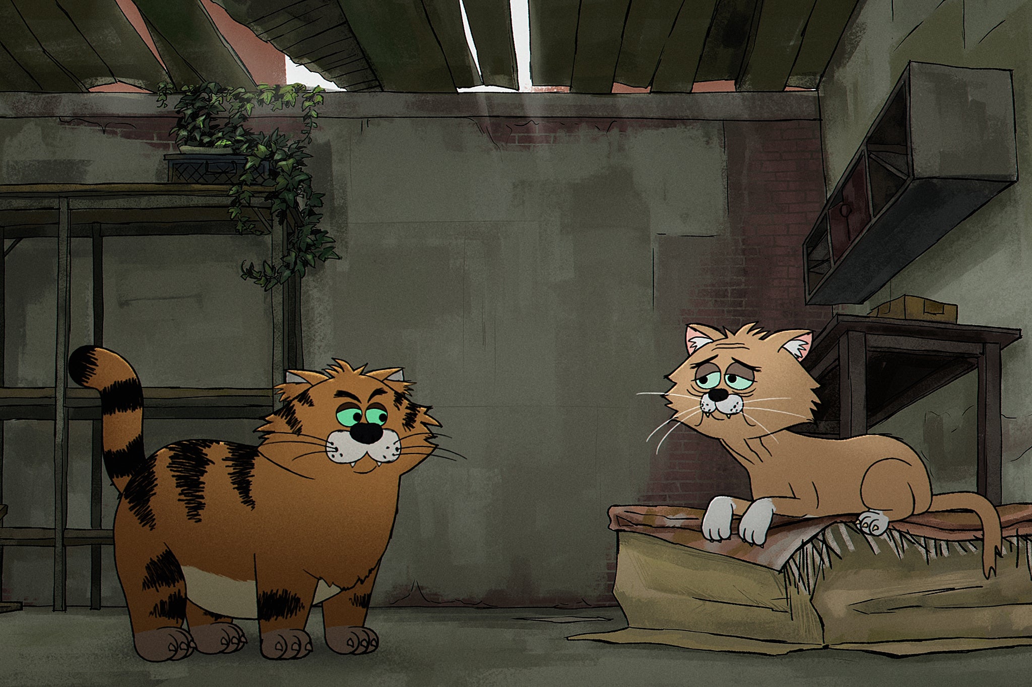 Ricky Gervais and Natalie Cassidy as Gus and Gus’s mum in the Netflix animated series ‘Alley Cats’ (Netflix)