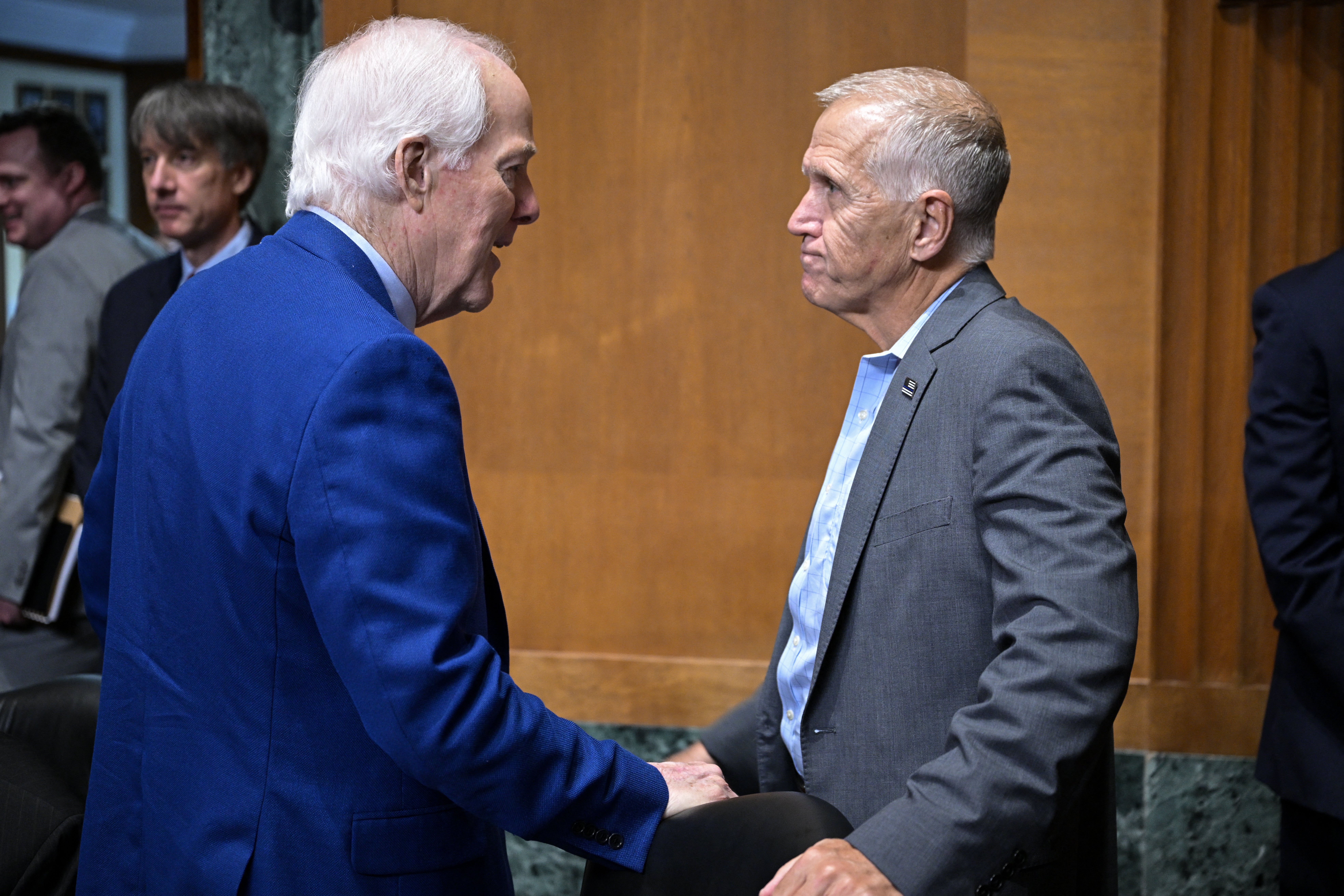 Texas Sen. John Cornyn (at left) and North Carolina Sen. Thom Tillis (right) have been thorns in Trump’s side over the so-called ‘weaponization fund’ among other issues
