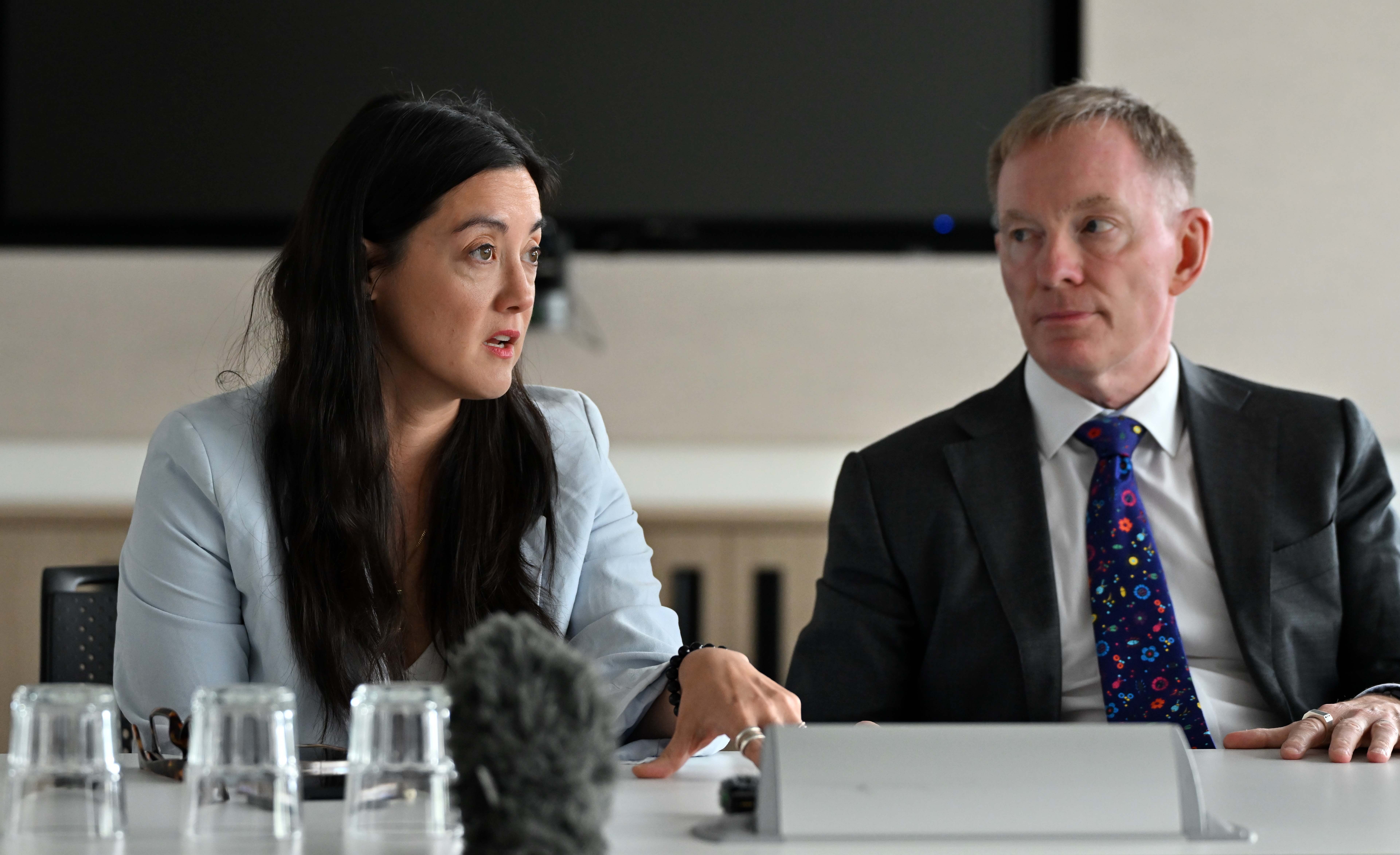 Northern Ireland Secretary Sir Chris Bryant and NIO Minister Sarah Owen MP speak to the media at Erskine House, Belfast, during his first visit to the region since becoming minister on Friday. (Oliver McVeigh/PA) (PA Wire)