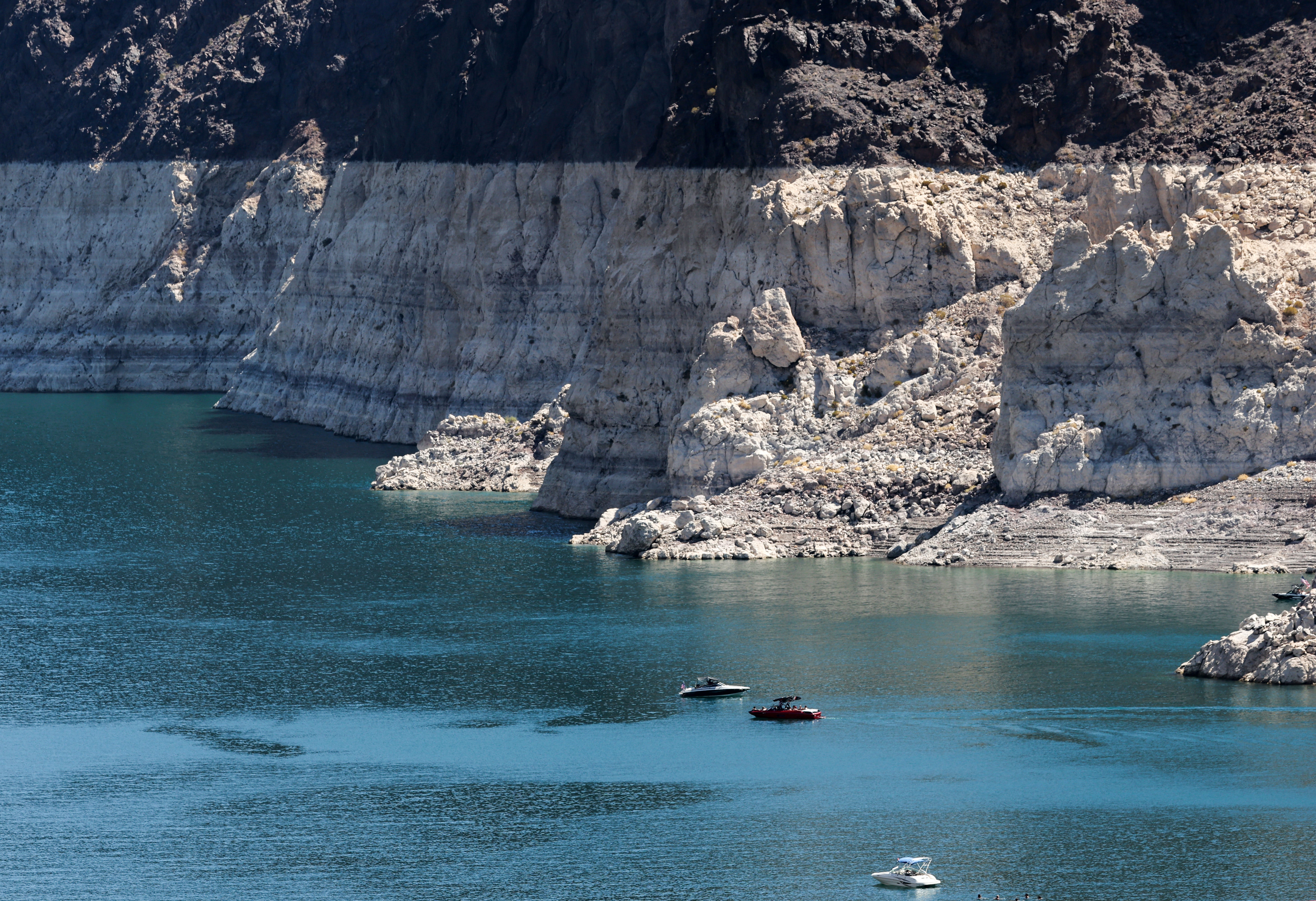 The visible waterline along Lake Mead in Nevada, which is fed by the Colorado River. Water in Lake Mead, one of the nation’s largest reservoirs, has fallen to its lowest point since 1957