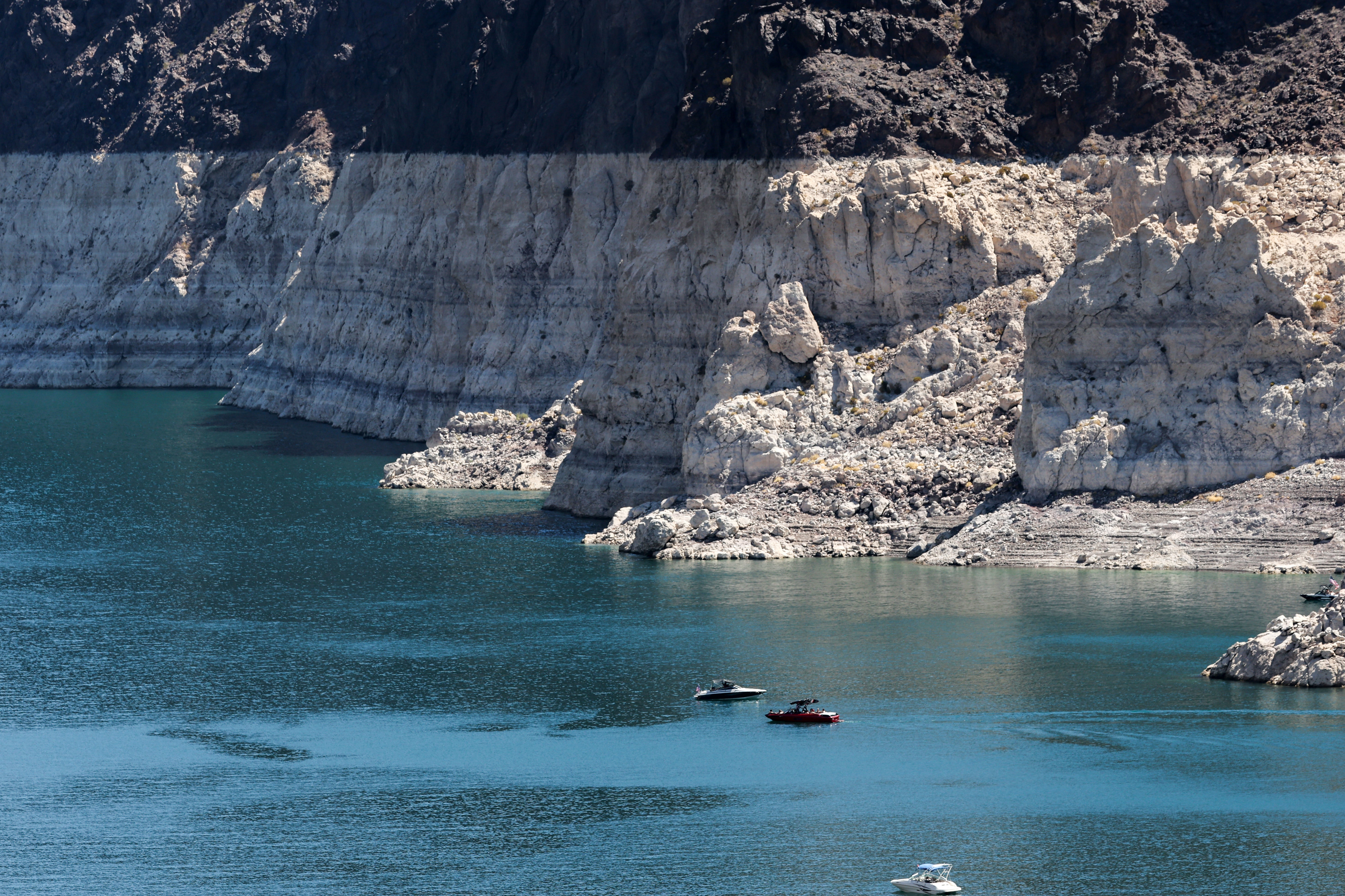 The visible waterline along Lake Mead in Nevada, which is fed by the Colorado River. Water in Lake Mead, one of the nation’s largest reservoirs, has fallen to its lowest point since 1957 (Getty)