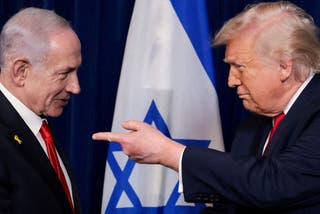 US president Donald Trump points his finger towards Israeli prime minister Benjamin Netanyahu during a press conference after meeting at Trump’s Mar-a-Lago club in Palm Beach, Florida, US, 29 December 2025