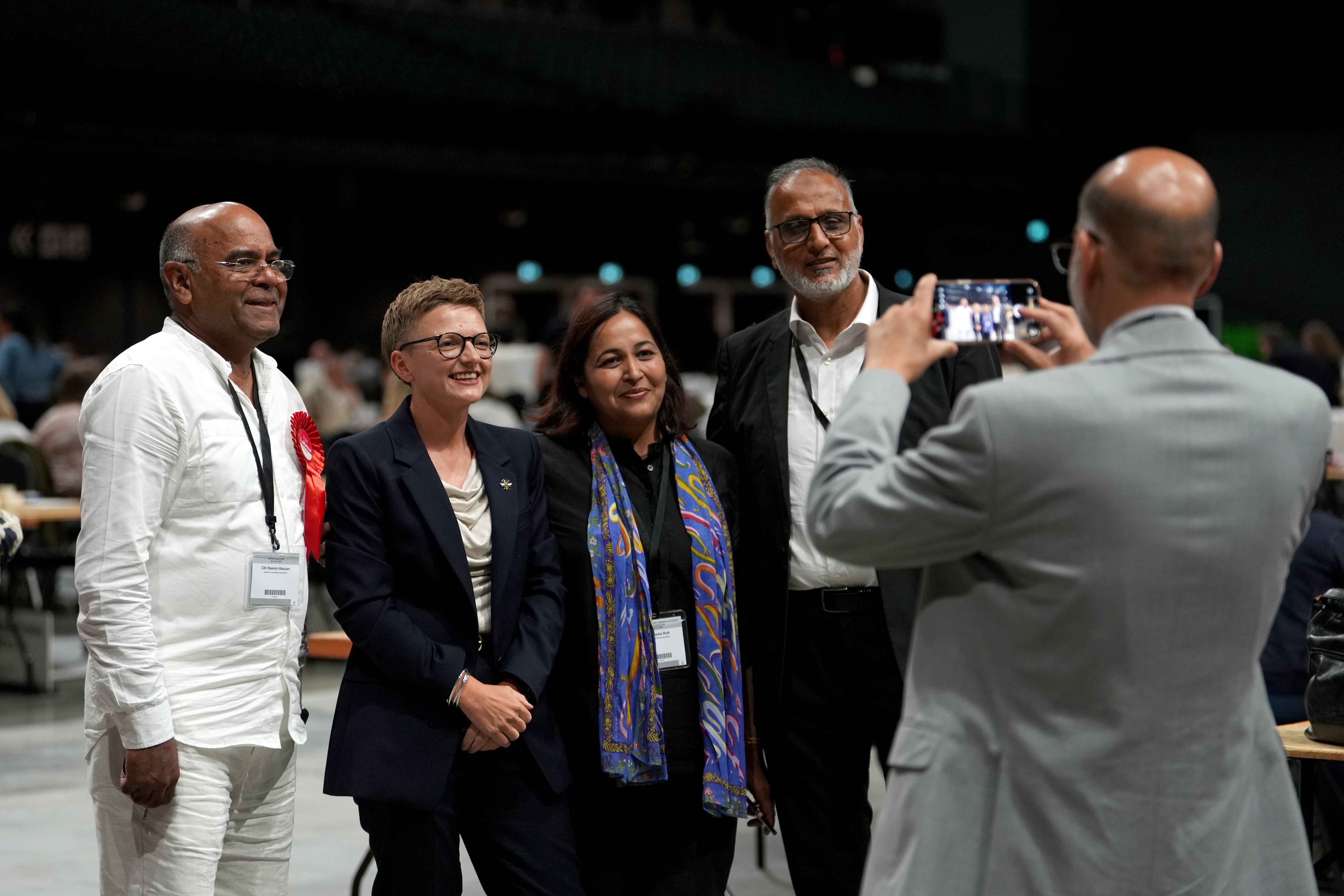 New Greater Manchester Mayor Bev Craig (second left) takes a photo with supporters at the count (Annabel Lee-Ellis/PA Wire) (PA Wire)