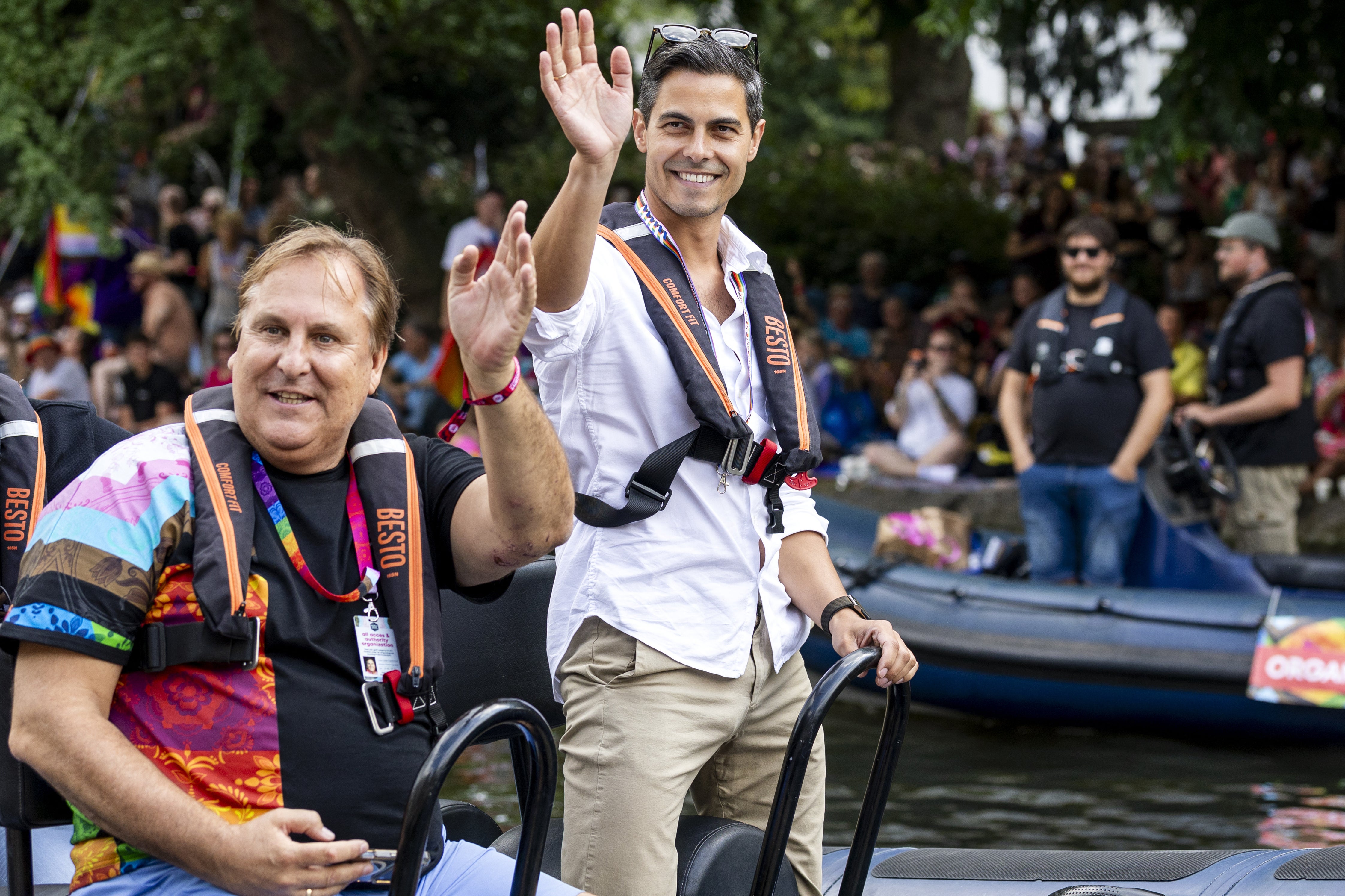 Openly gay Dutch prime minister Rob Jetten sails in Amsterdam Pride boat parade